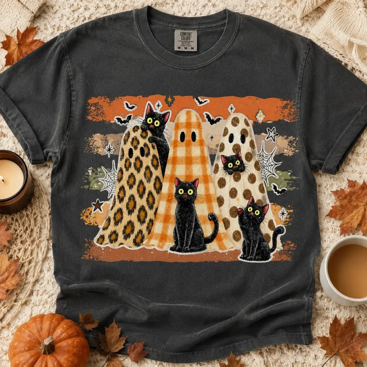Comfort Colors Cute Ghost Sheet Black Cat Pattern T-Shirt for Women, Playful Kitten Spooky Season Tee, Halloween Pet Lover Gift