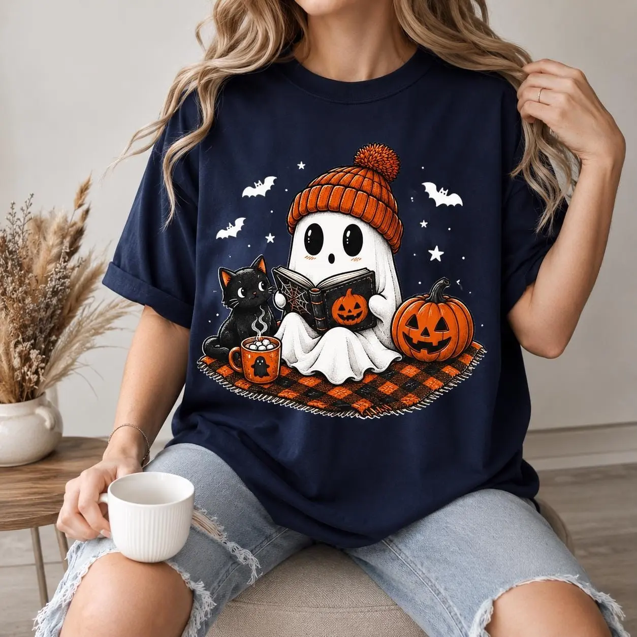 Comfort Colors Cute Ghost Shirt, Halloween Pumpkin Black Cat Tee, Spooky Season Cozy Fall Gift for Women