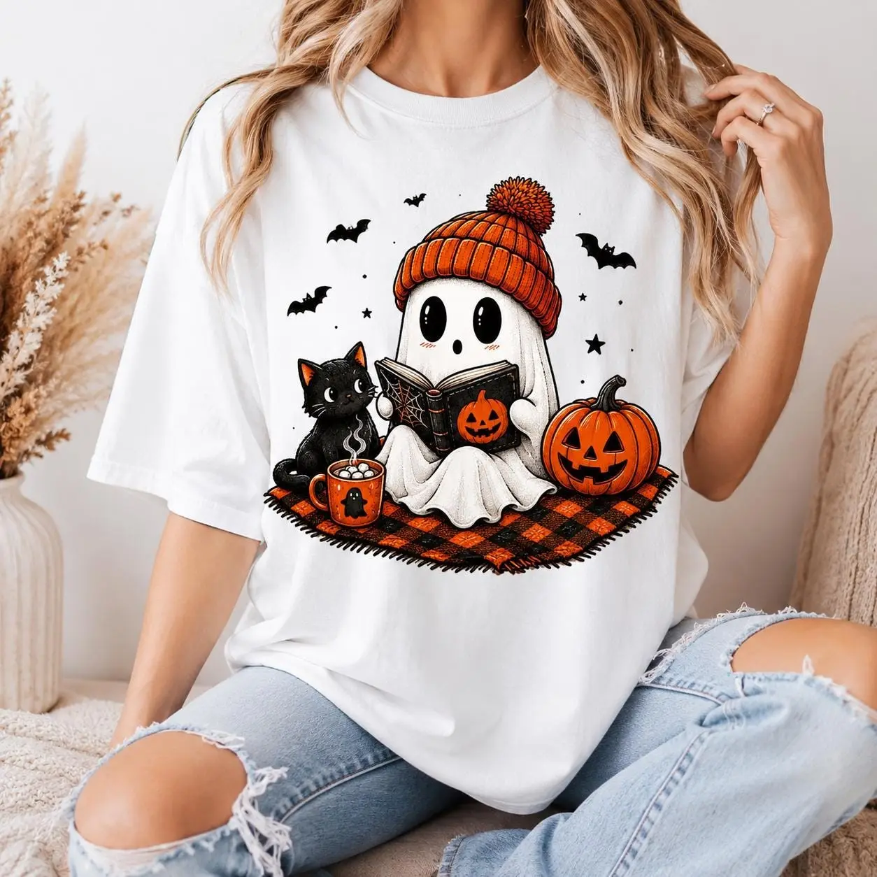 Comfort Colors Cute Ghost Shirt, Halloween Pumpkin Black Cat Tee, Spooky Season Cozy Fall Gift for Women - photo 2