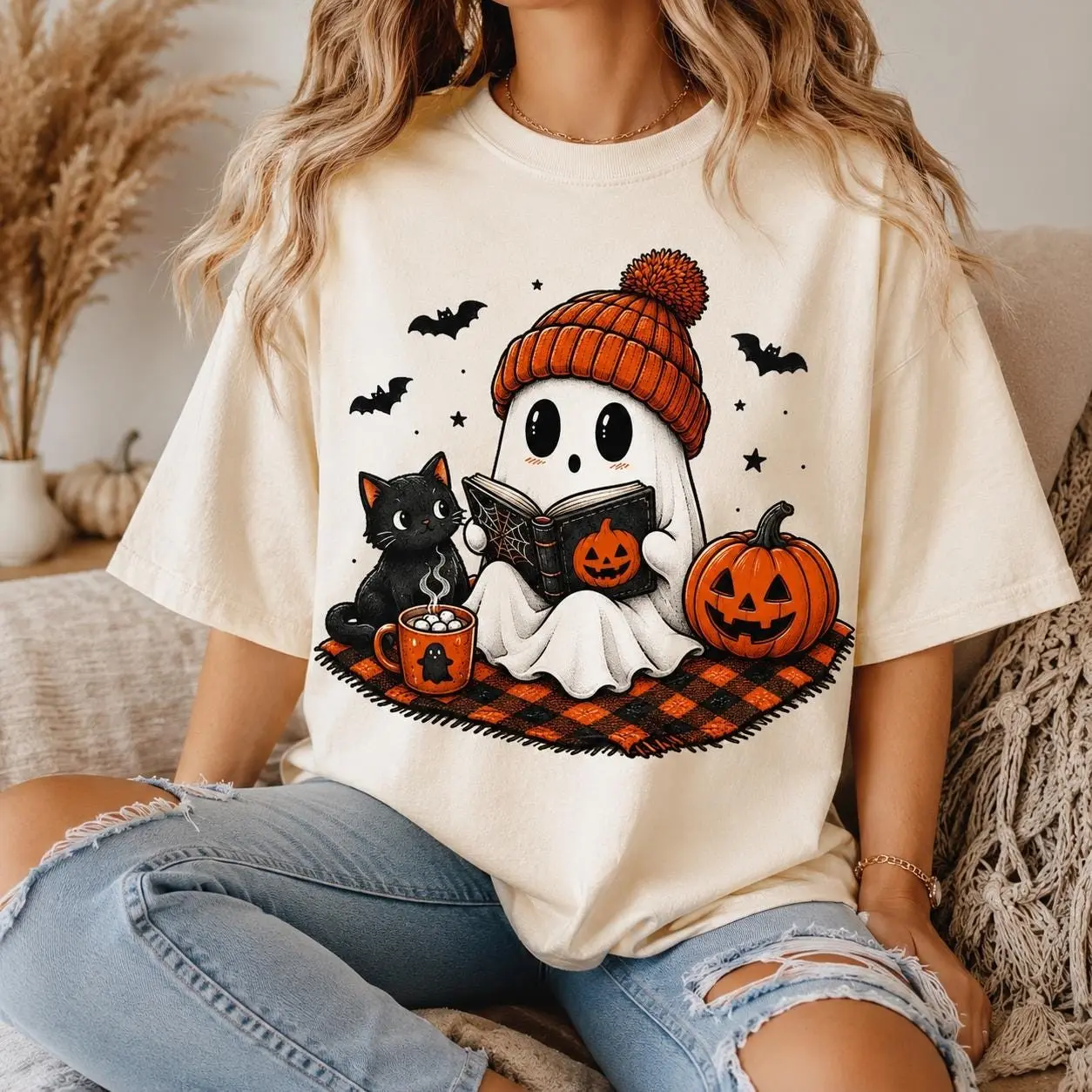 Comfort Colors Cute Ghost Shirt, Halloween Pumpkin Black Cat Tee, Spooky Season Cozy Fall Gift for Women - photo 3