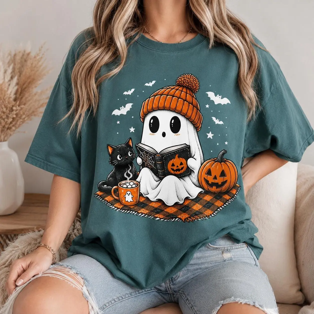 Comfort Colors Cute Ghost Shirt, Halloween Pumpkin Black Cat Tee, Spooky Season Cozy Fall Gift for Women - photo 4