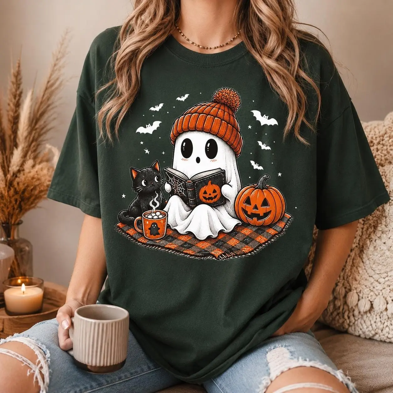 Comfort Colors Cute Ghost Shirt, Halloween Pumpkin Black Cat Tee, Spooky Season Cozy Fall Gift for Women - photo 5