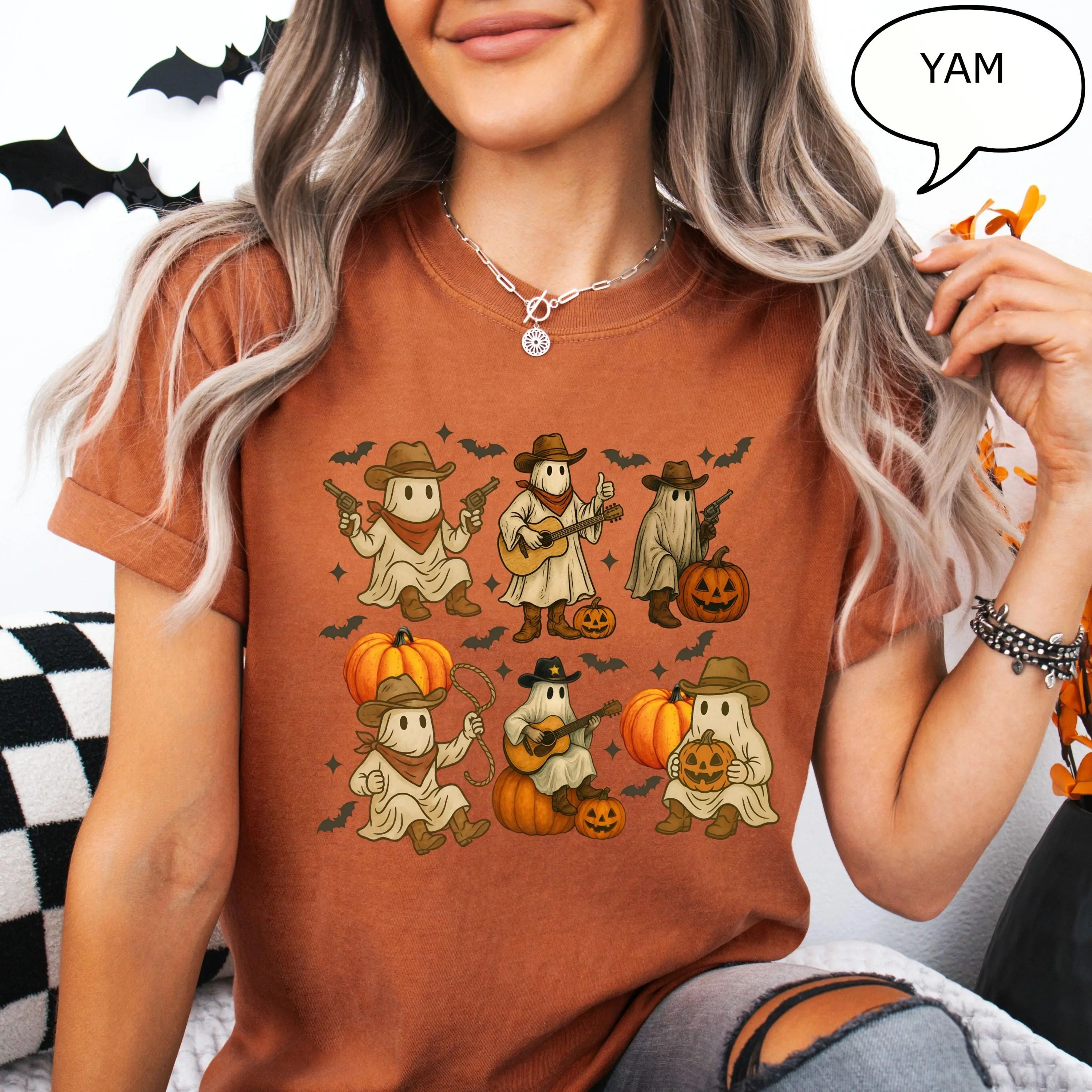 Comfort Colors Cute Ghost T-Shirt, Western Country Halloween Tee, Spooky Fall Graphic Gift