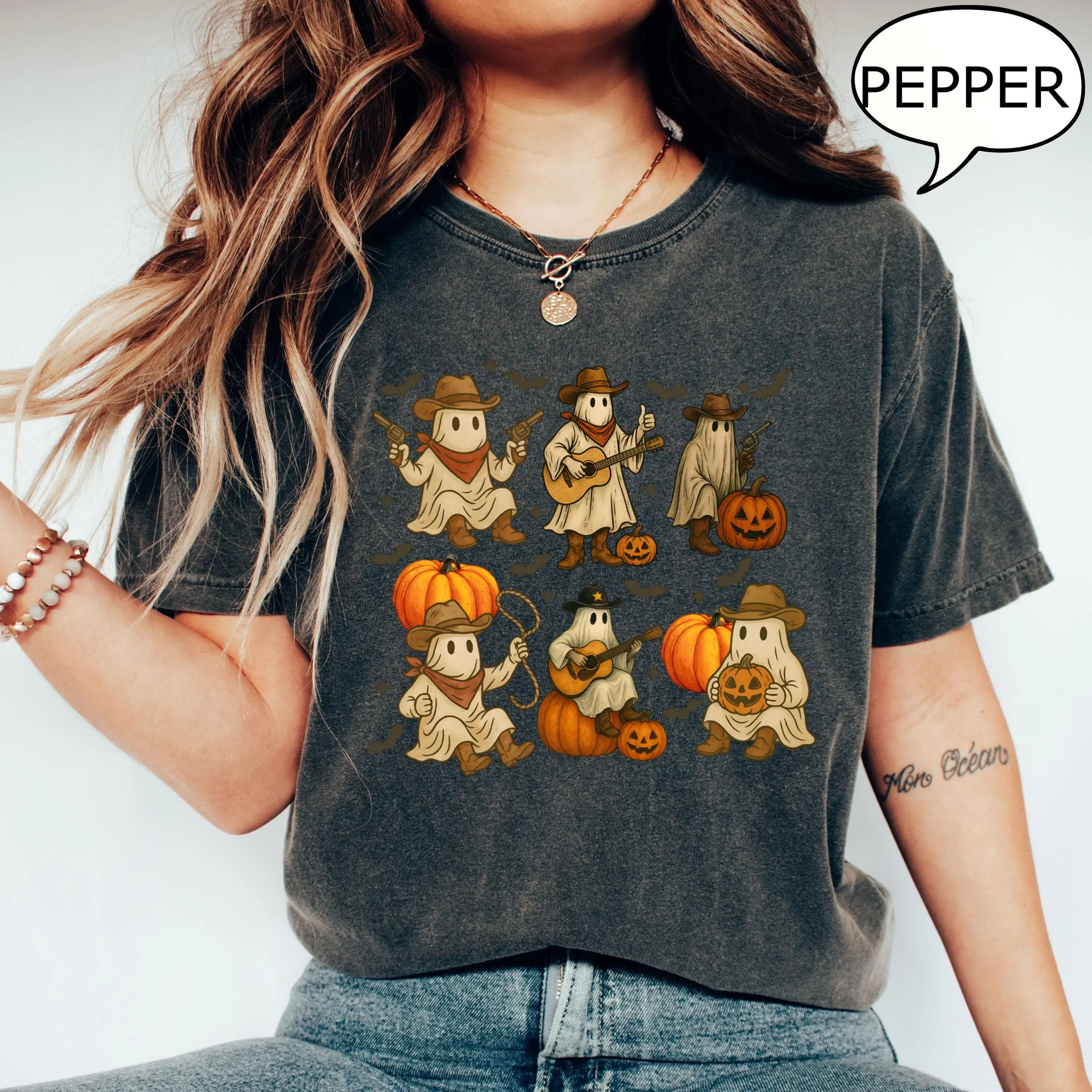 Comfort Colors Cute Ghost T-Shirt, Western Country Halloween Tee, Spooky Fall Graphic Gift - photo 3