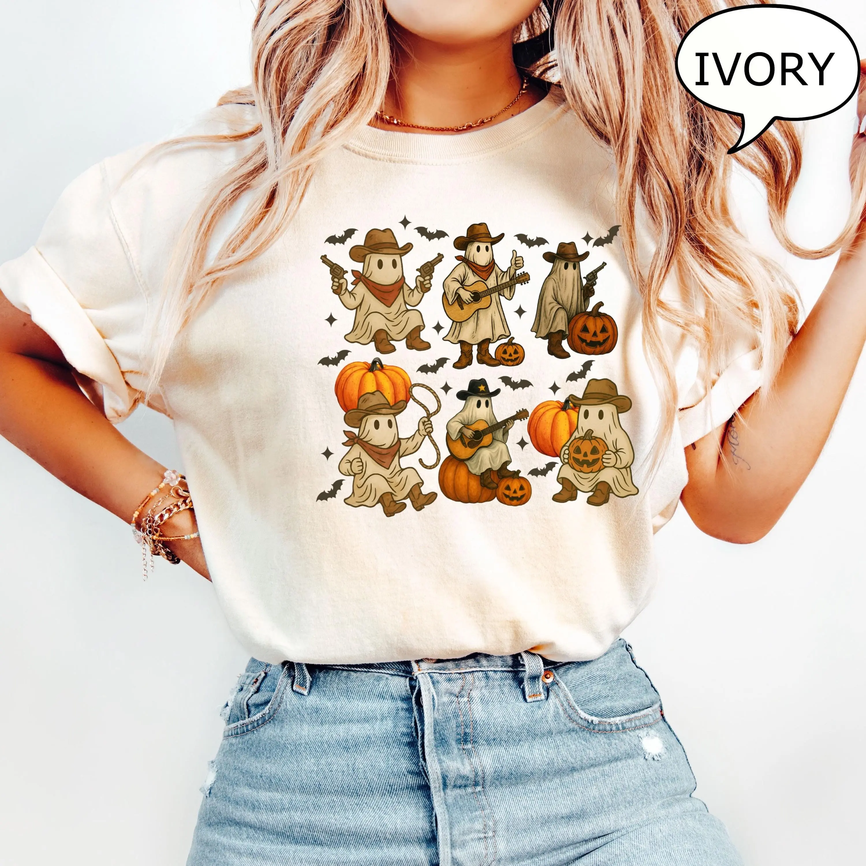 Comfort Colors Cute Ghost T-Shirt, Western Country Halloween Tee, Spooky Fall Graphic Gift - photo 5