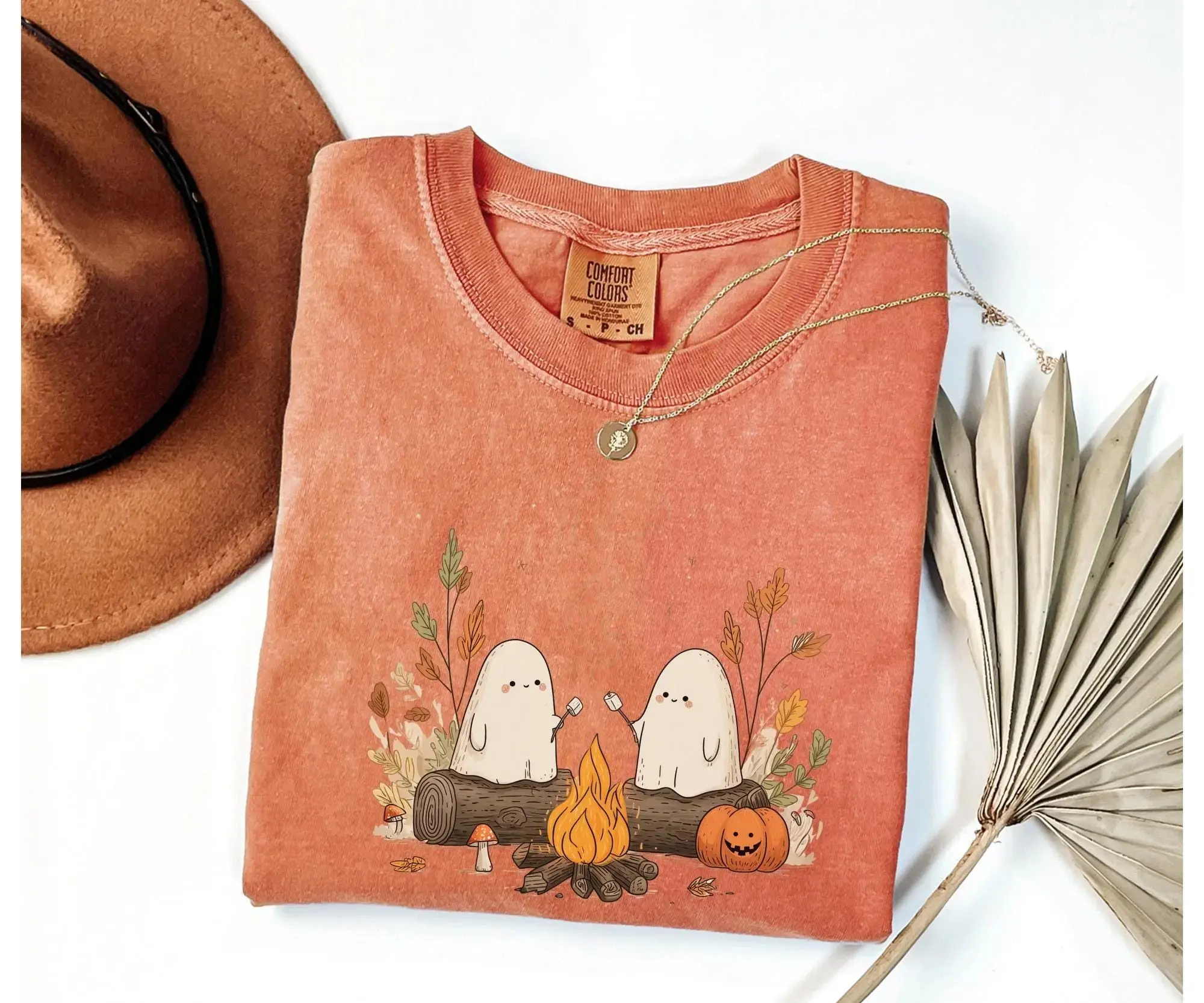 Comfort Colors Cute Ghost Camping Shirt, Retro Halloween Spooky Season Fall Outdoors Tee for Women