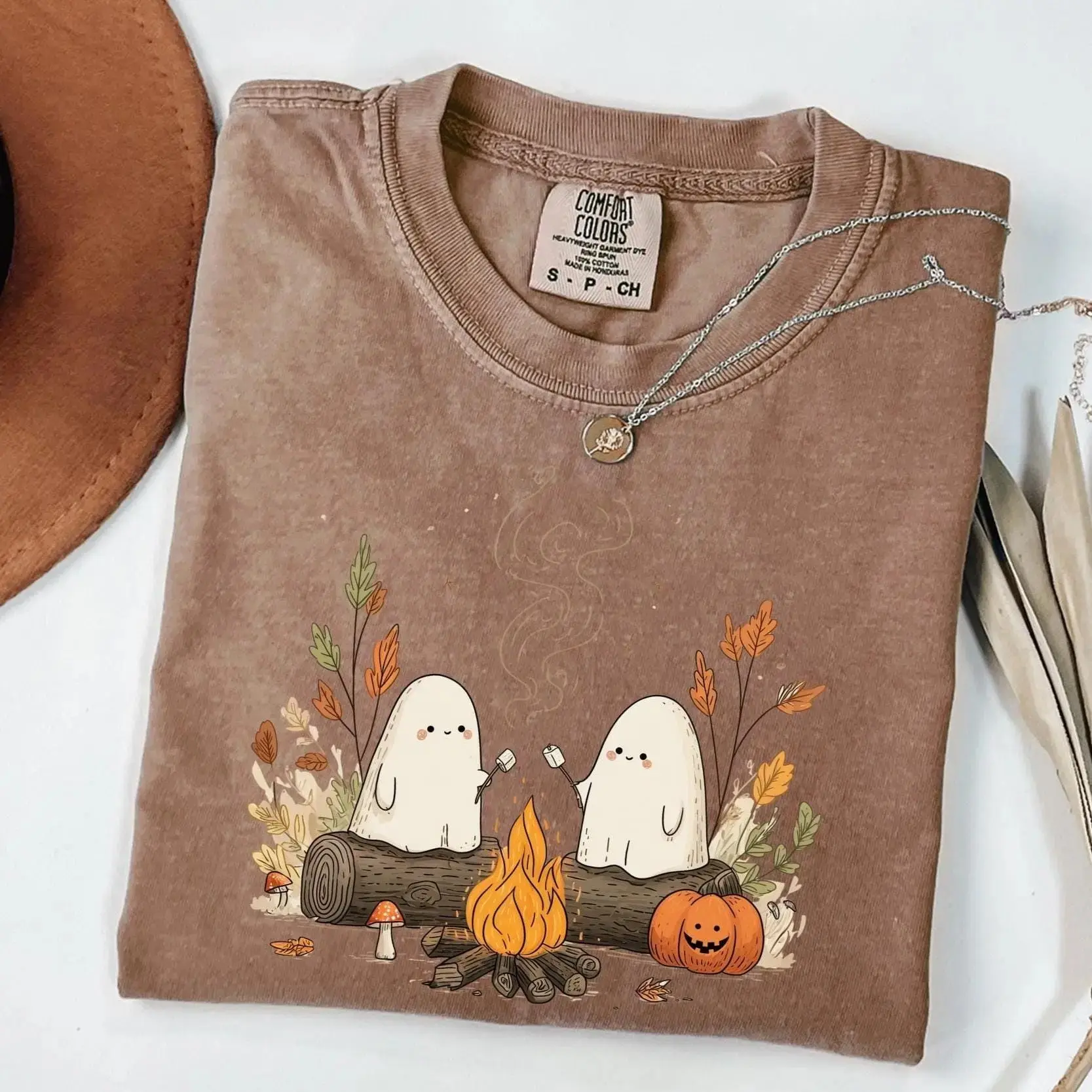 Comfort Colors Cute Ghost Camping Shirt, Retro Halloween Spooky Season Fall Outdoors Tee for Women - photo 2