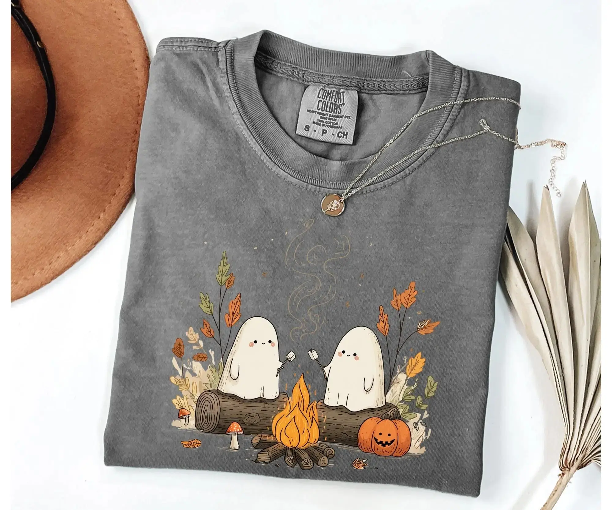 Comfort Colors Cute Ghost Camping Shirt, Retro Halloween Spooky Season Fall Outdoors Tee for Women - photo 3