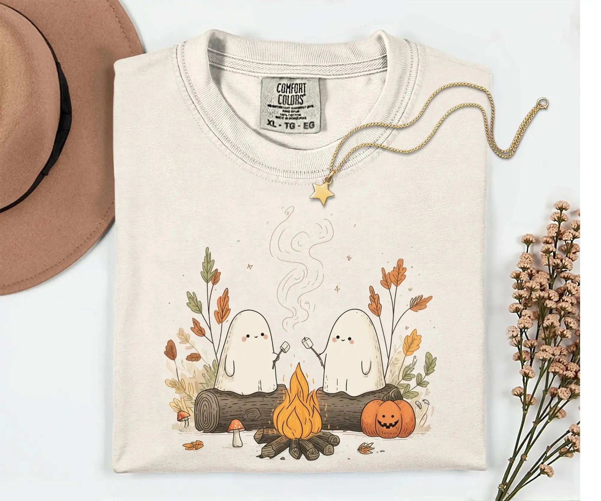Comfort Colors Cute Ghost Camping Shirt, Retro Halloween Spooky Season Fall Outdoors Tee for Women - photo 5