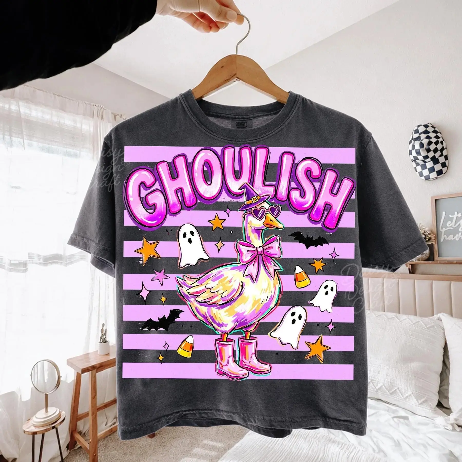 Comfort Colors Cute Goose Halloween Shirt, Womens Ghoulish Preppy Tee, Girly Spooky Season Cottagecore Fall Graphic Top