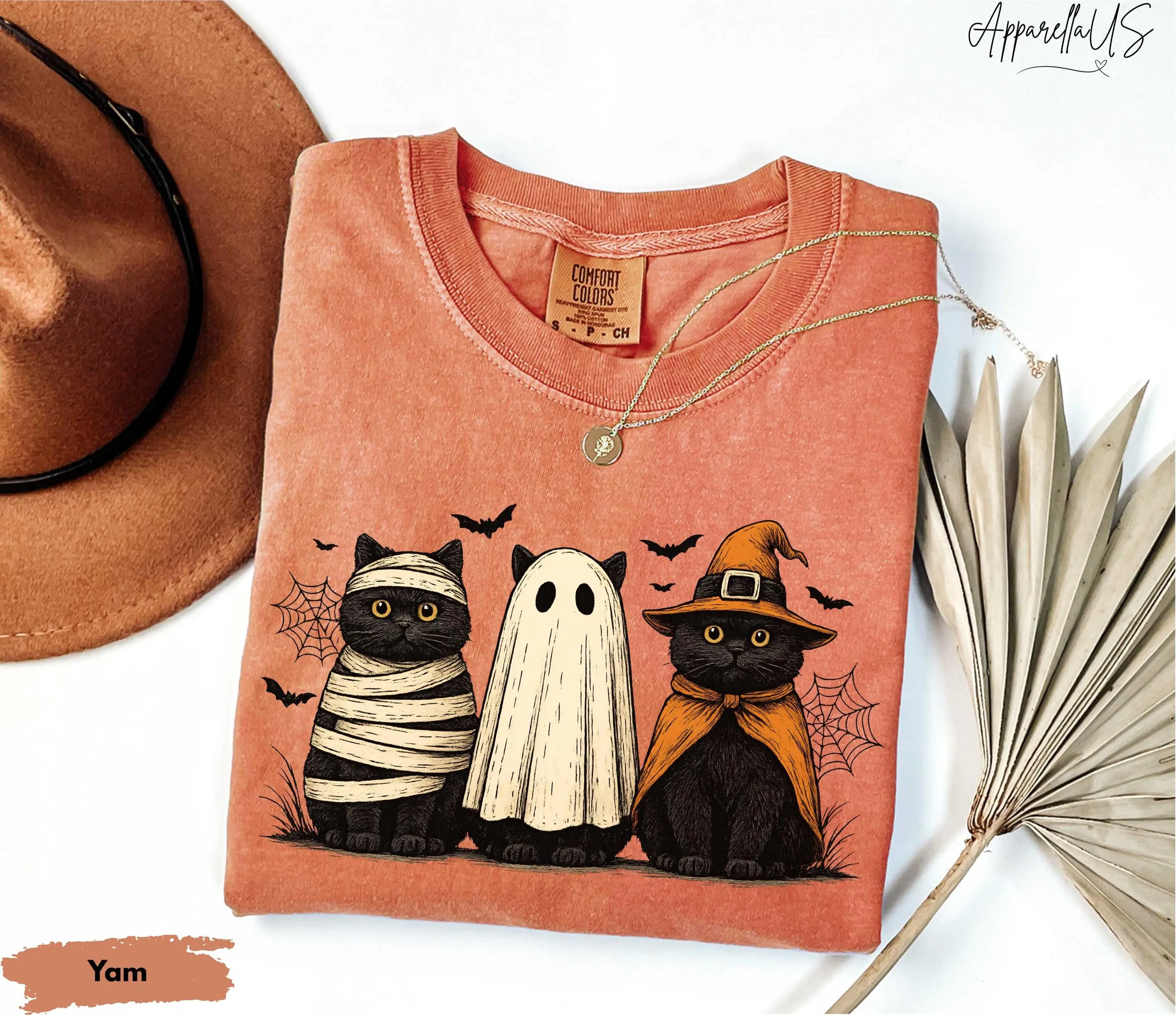 Comfort Colors Cute Halloween Cat Shirt, Spooky Black Ghost Witch Cat Tee, Cat Mom Squad Gift Top