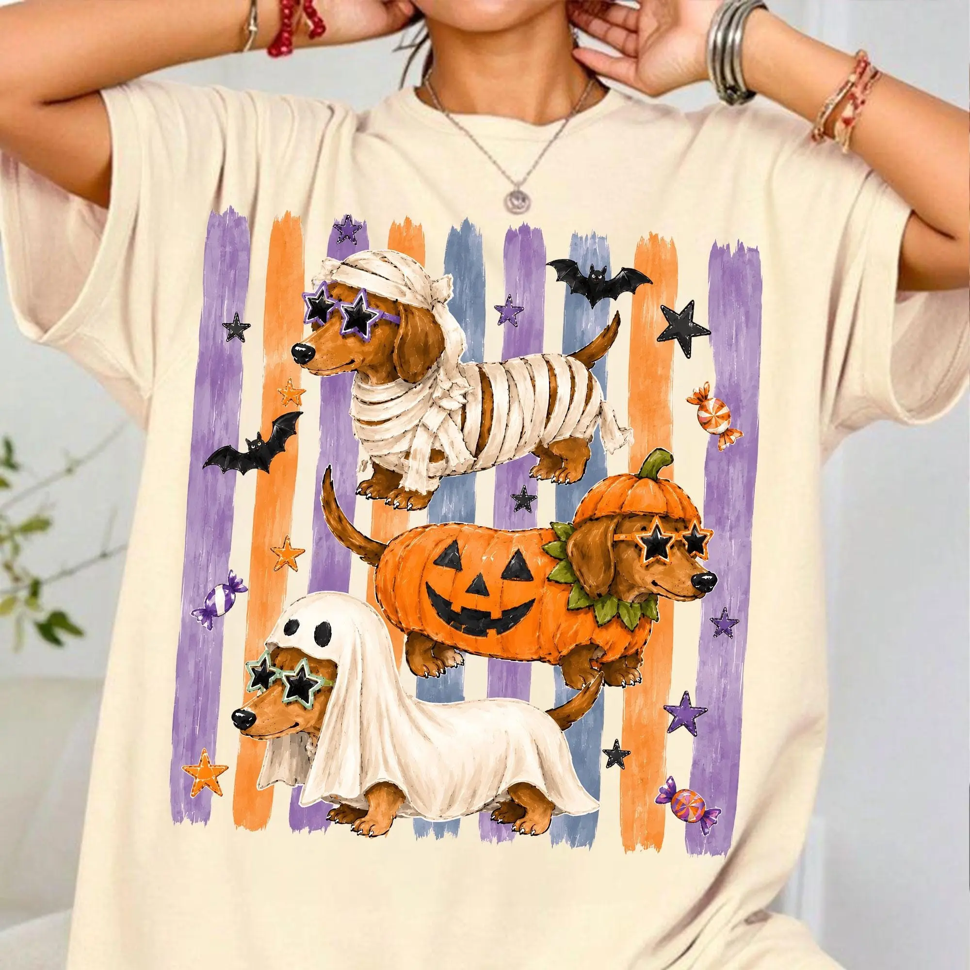Comfort Colors Cute Halloween Dog Shirt, Dachshund Mummy Pumpkin Ghost Retro Wiener Graphic Tee