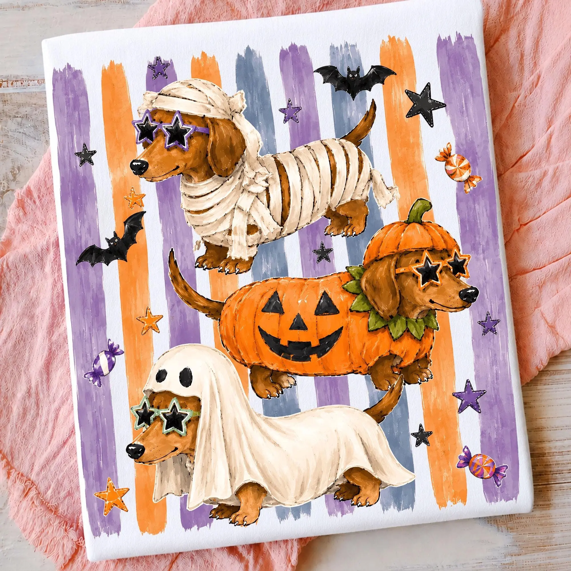 Comfort Colors Cute Halloween Dog Shirt, Dachshund Mummy Pumpkin Ghost Retro Wiener Graphic Tee - photo 2