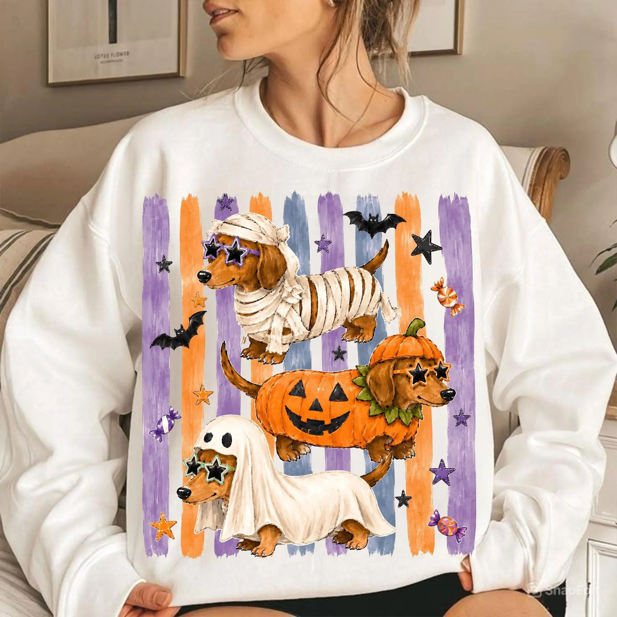 Comfort Colors Cute Halloween Dog Shirt, Dachshund Mummy Pumpkin Ghost Retro Wiener Graphic Tee - photo 4
