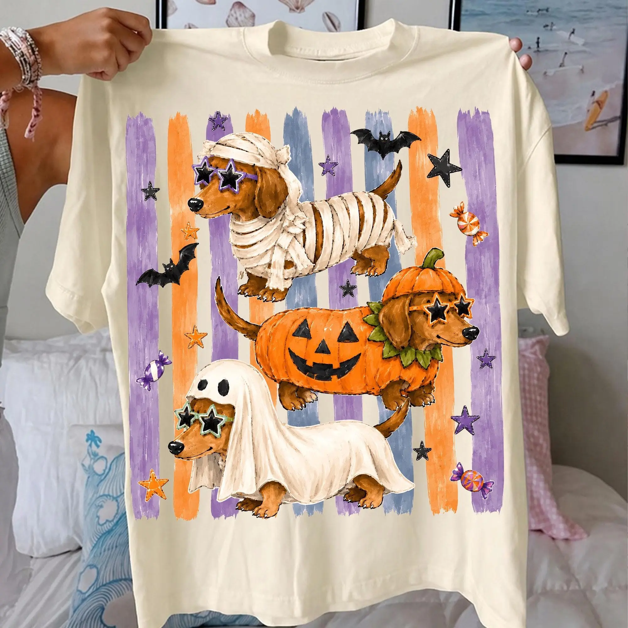 Comfort Colors Cute Halloween Dog Shirt, Dachshund Mummy Pumpkin Ghost Retro Wiener Graphic Tee - photo 5