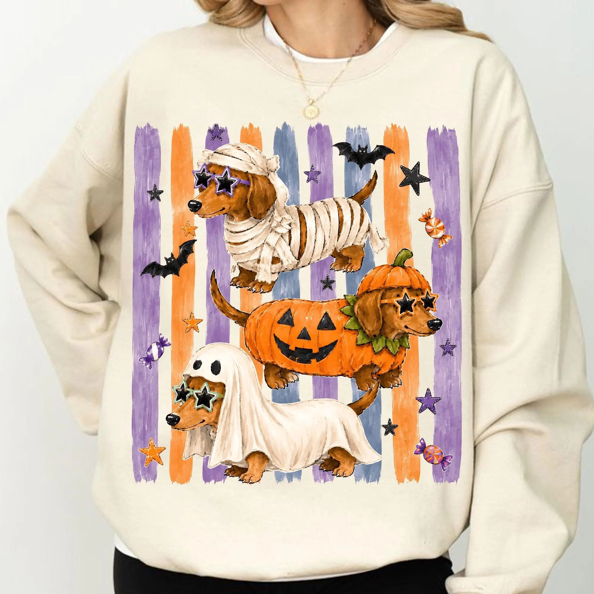 Comfort Colors Cute Halloween Dog Sweatshirt, Dachshund Mummy Pumpkin Ghost Retro Wiener Graphic Crewneck - photo 3