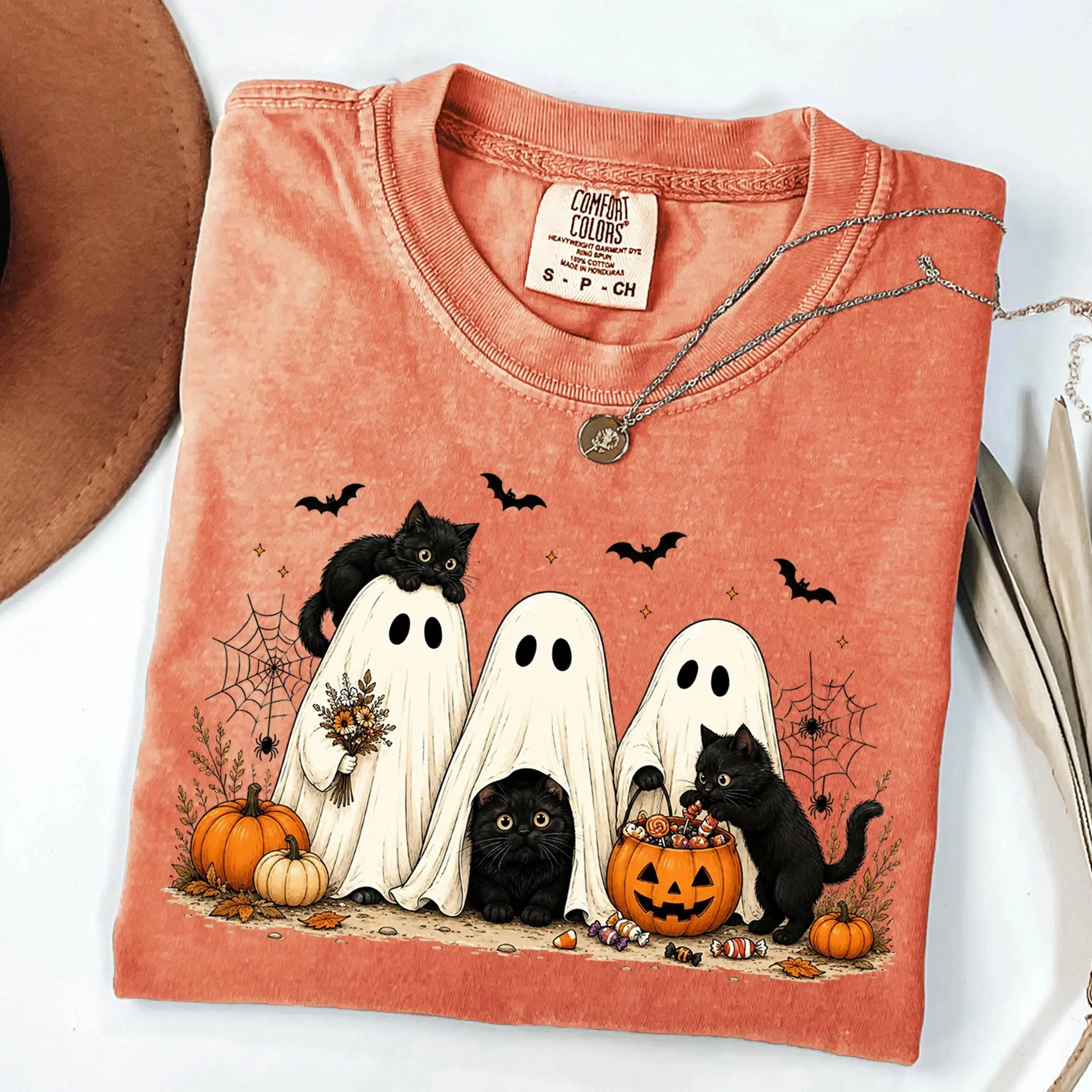 Comfort Colors Cute Halloween Ghost Black Cat Shirt, Funny Fall Pumpkin Graphic Tee - photo 2