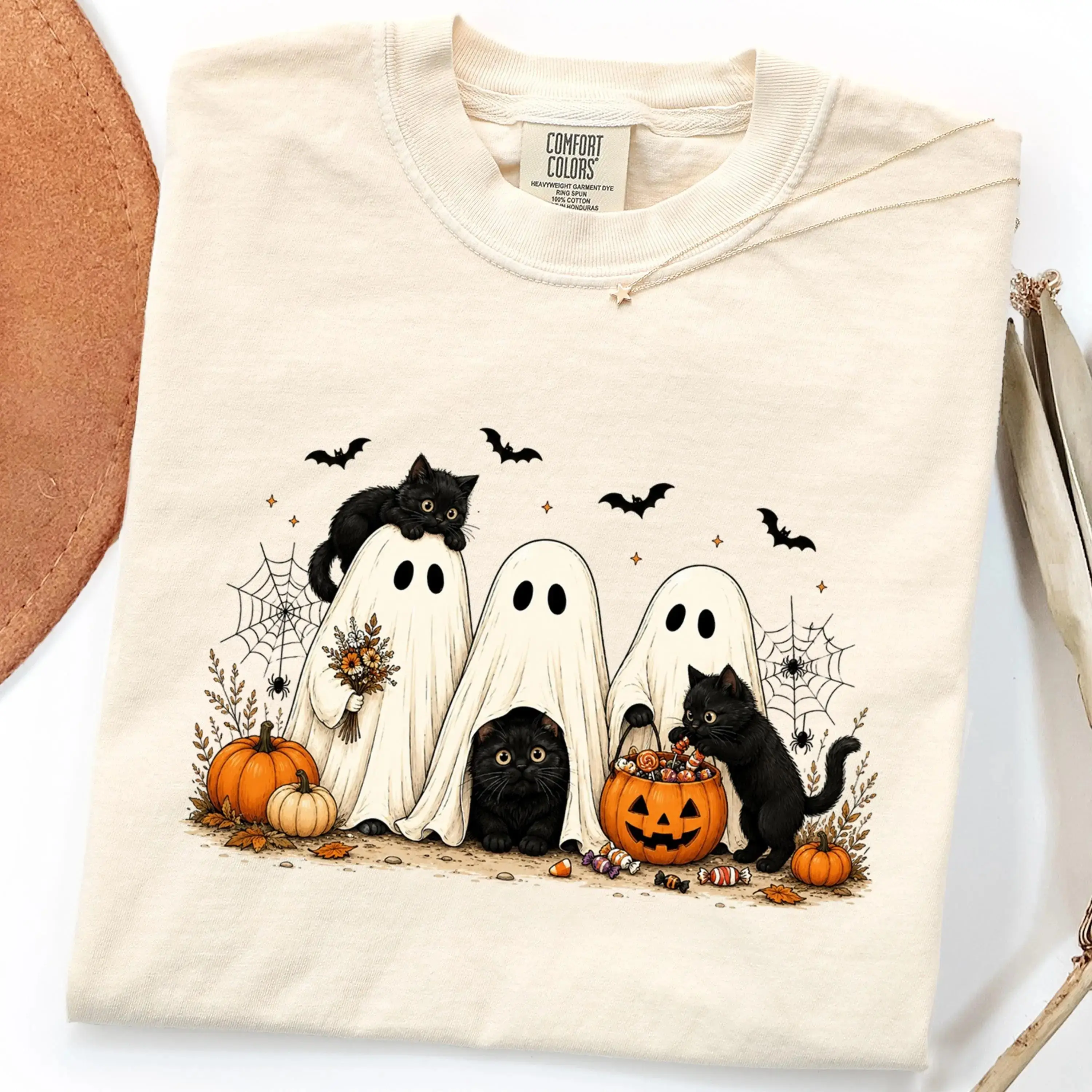 Comfort Colors Cute Halloween Ghost Black Cat Shirt, Funny Fall Pumpkin Graphic Tee - photo 3