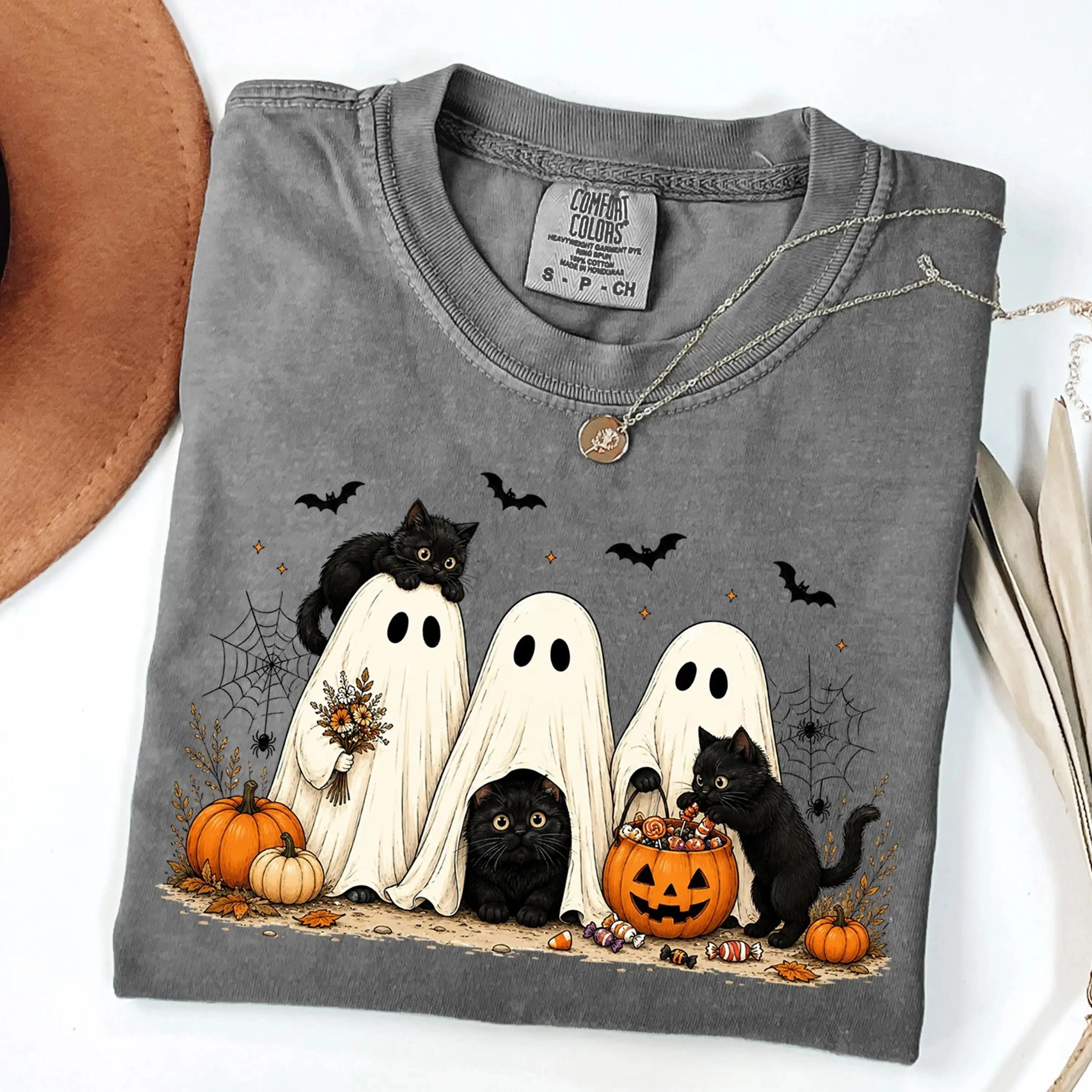 Comfort Colors Cute Halloween Ghost Black Cat Shirt, Funny Fall Pumpkin Graphic Tee - photo 4