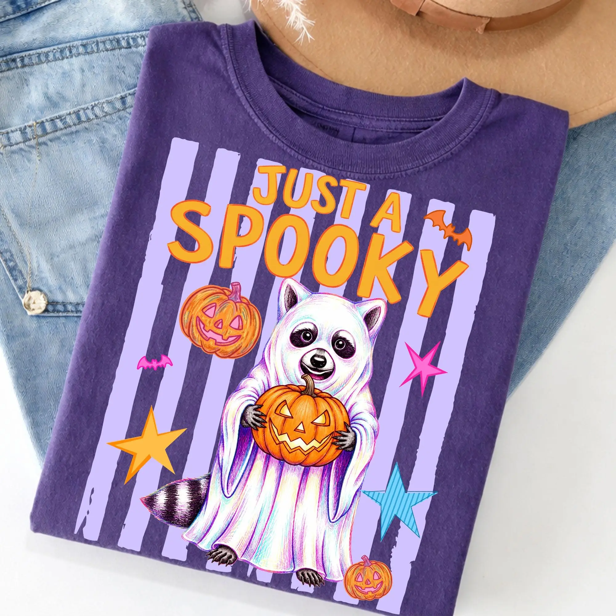 Comfort Colors Cute Halloween Ghost Goose Dog Raccoon Shirt, Just A Spooky Paw Season Set Tshirt - photo 3