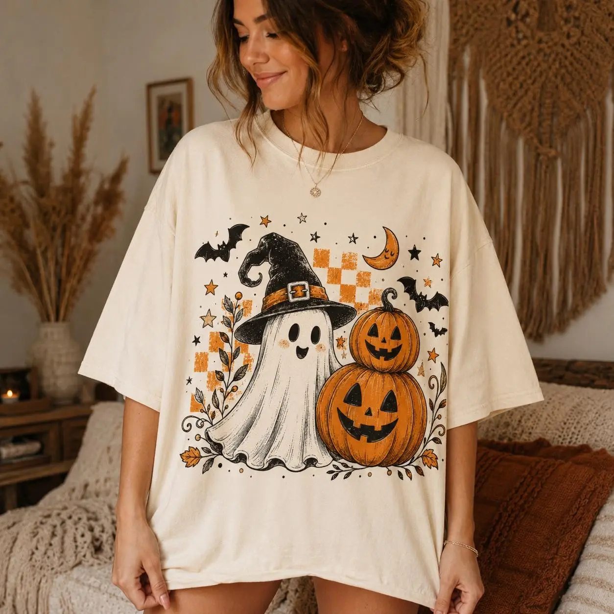 Comfort Colors Cute Halloween Ghost Shirt, Witch Hat and Pumpkin Graphic Tee, Retro Spooky Season Top