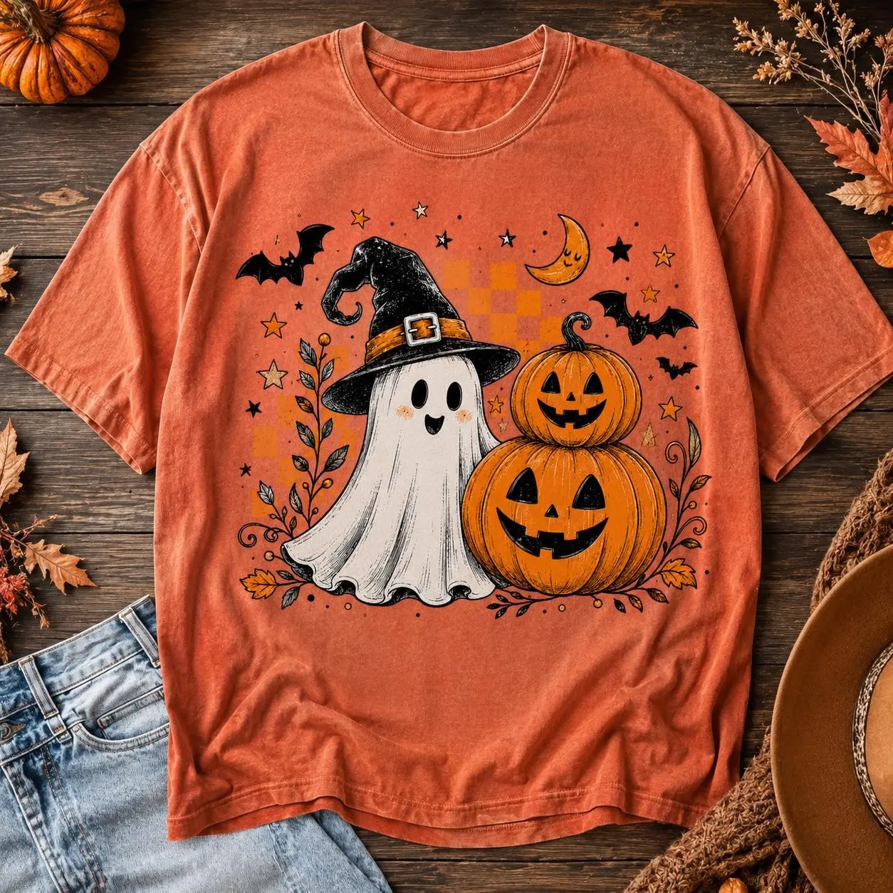 Comfort Colors Cute Halloween Ghost Shirt, Witch Hat and Pumpkin Graphic Tee, Retro Spooky Season Top - photo 2