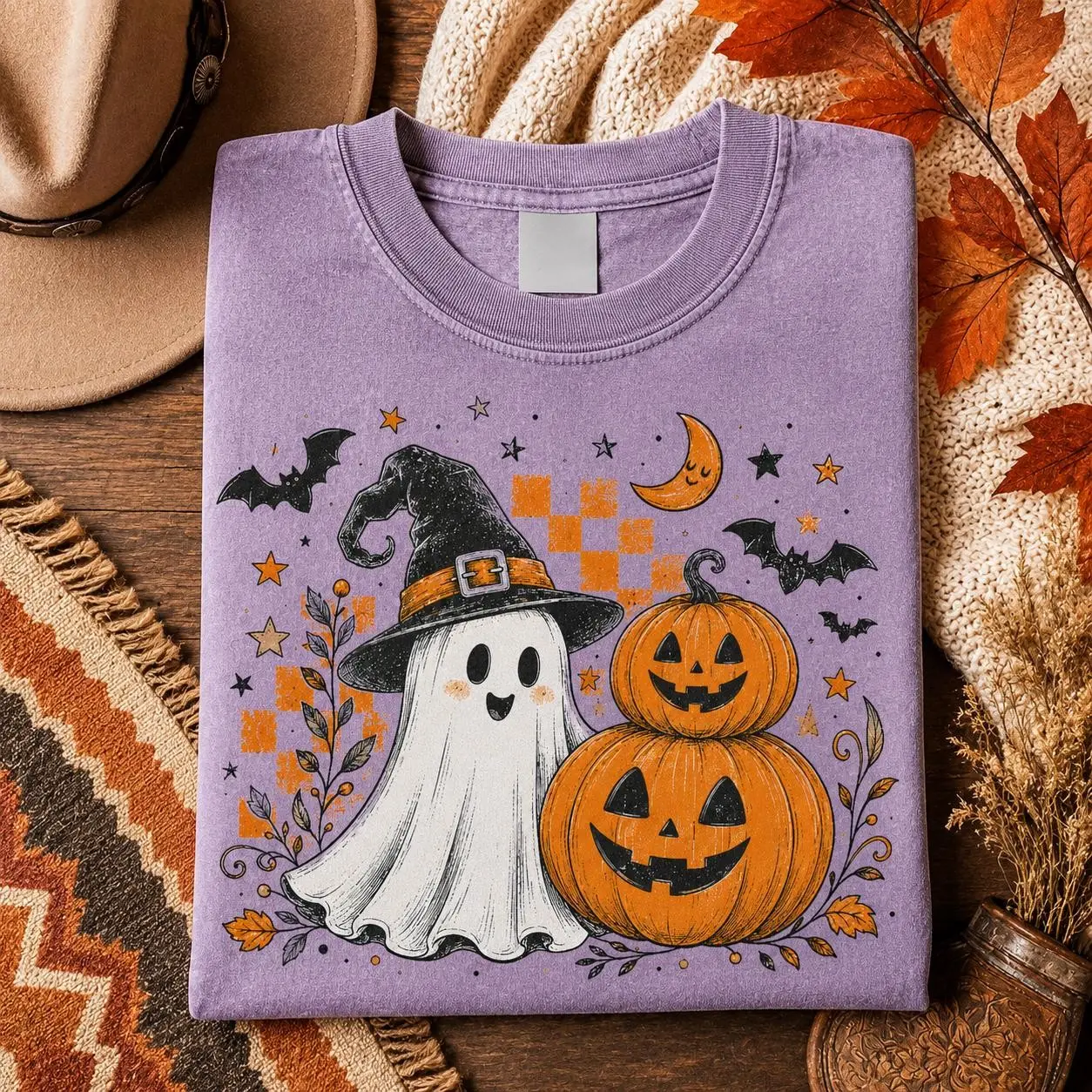 Comfort Colors Cute Halloween Ghost Shirt, Witch Hat and Pumpkin Graphic Tee, Retro Spooky Season Top - photo 3