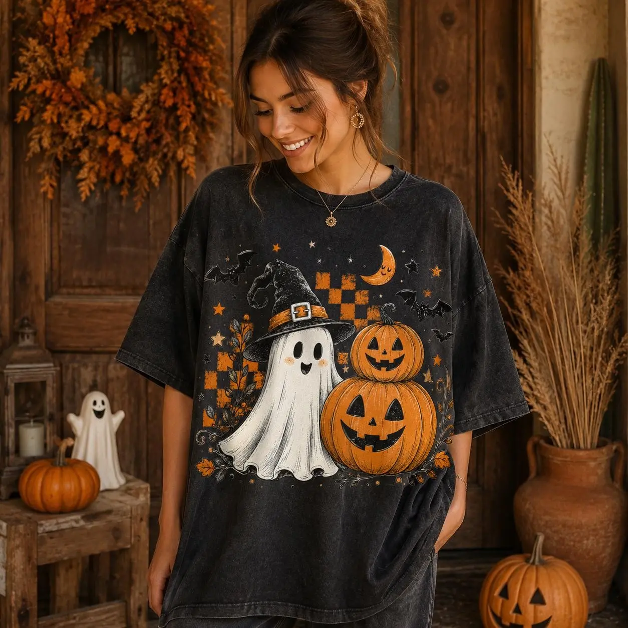 Comfort Colors Cute Halloween Ghost Shirt, Witch Hat and Pumpkin Graphic Tee, Retro Spooky Season Top - photo 4