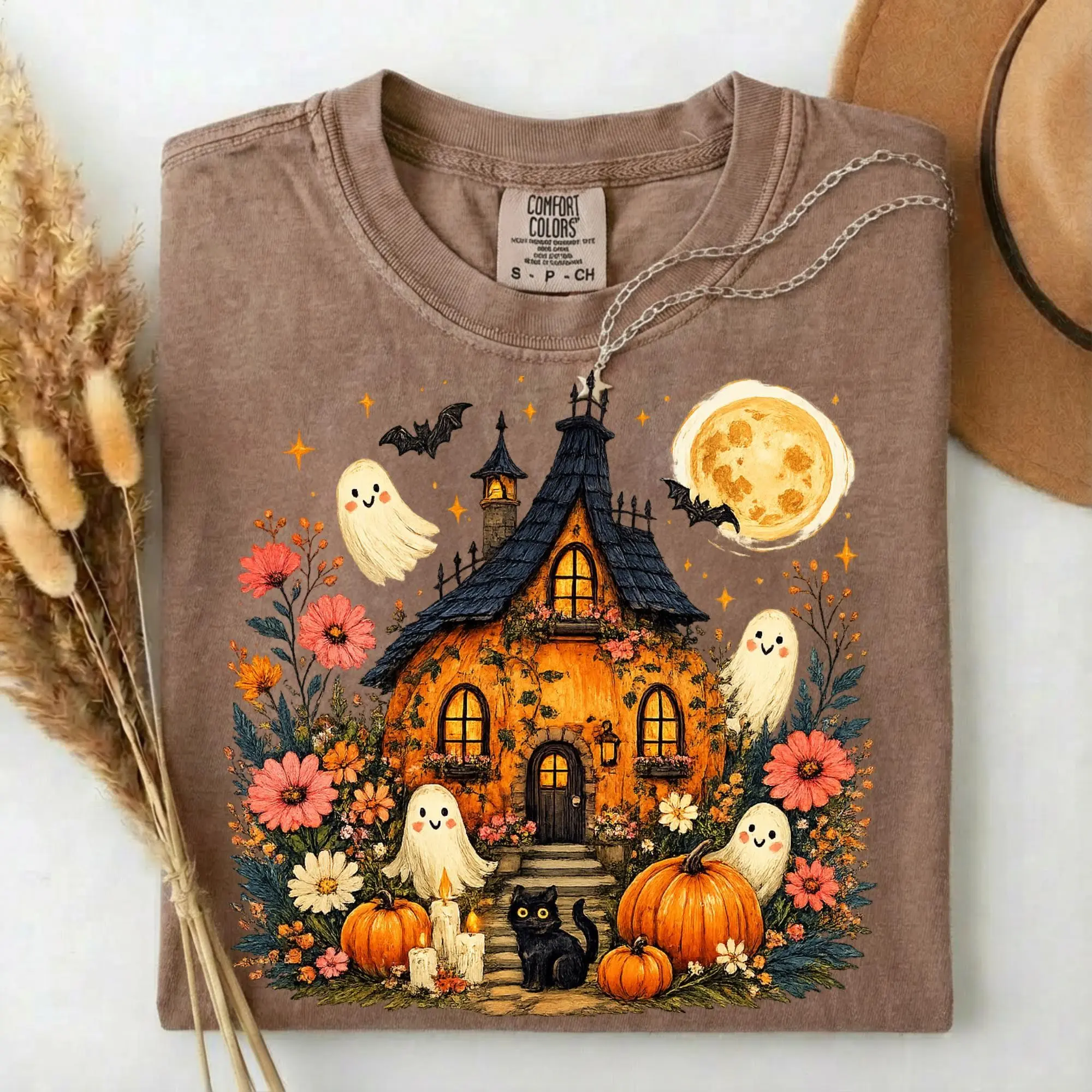 Comfort Colors Cute Halloween Haunted House Shirt, Ghost Pumpkin Cottagecore Spooky Fall Gift Tee for Women