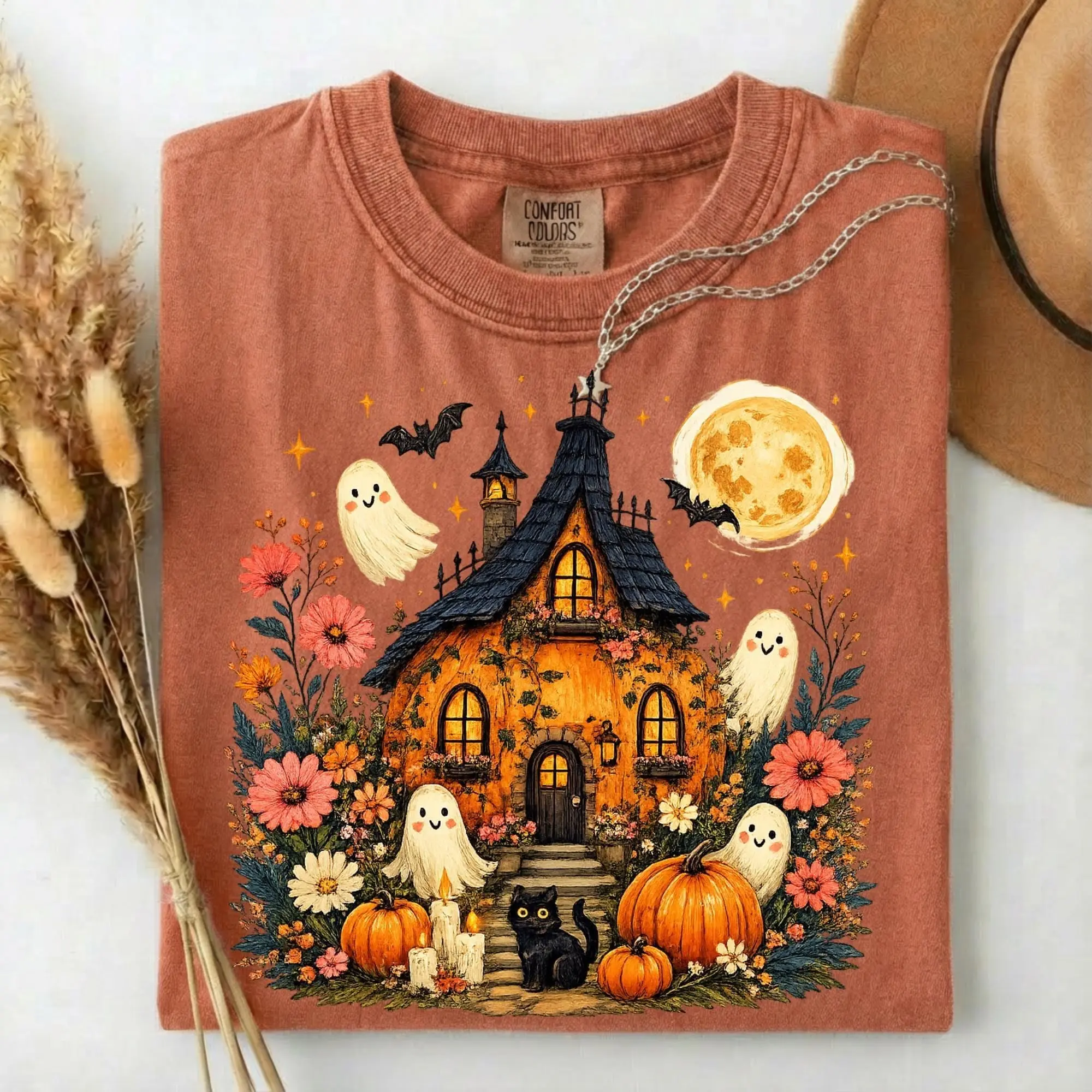 Comfort Colors Cute Halloween Haunted House Shirt, Ghost Pumpkin Cottagecore Spooky Fall Gift Tee for Women - photo 2