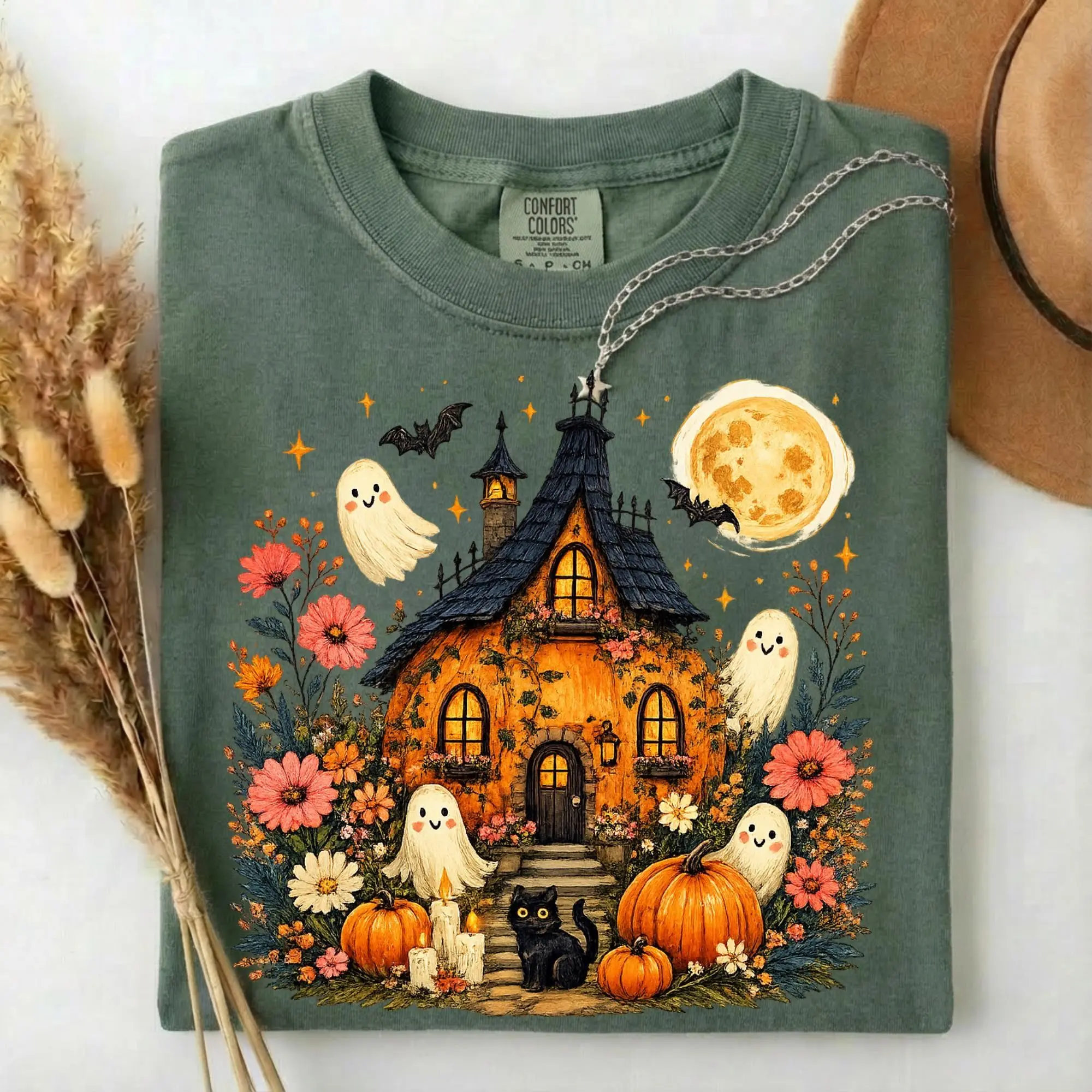 Comfort Colors Cute Halloween Haunted House Shirt, Ghost Pumpkin Cottagecore Spooky Fall Gift Tee for Women - photo 3