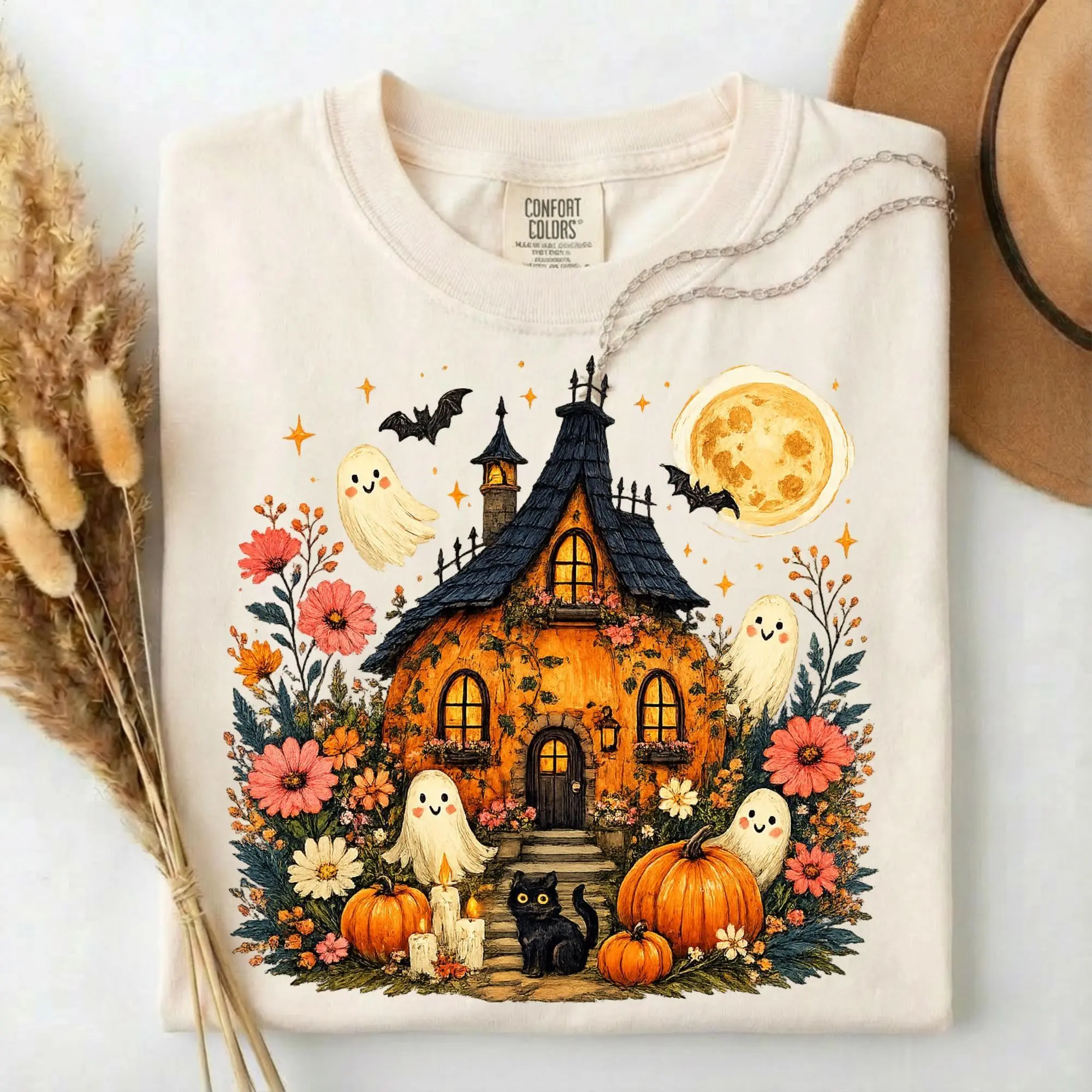 Comfort Colors Cute Halloween Haunted House Shirt, Ghost Pumpkin Cottagecore Spooky Fall Gift Tee for Women - photo 4