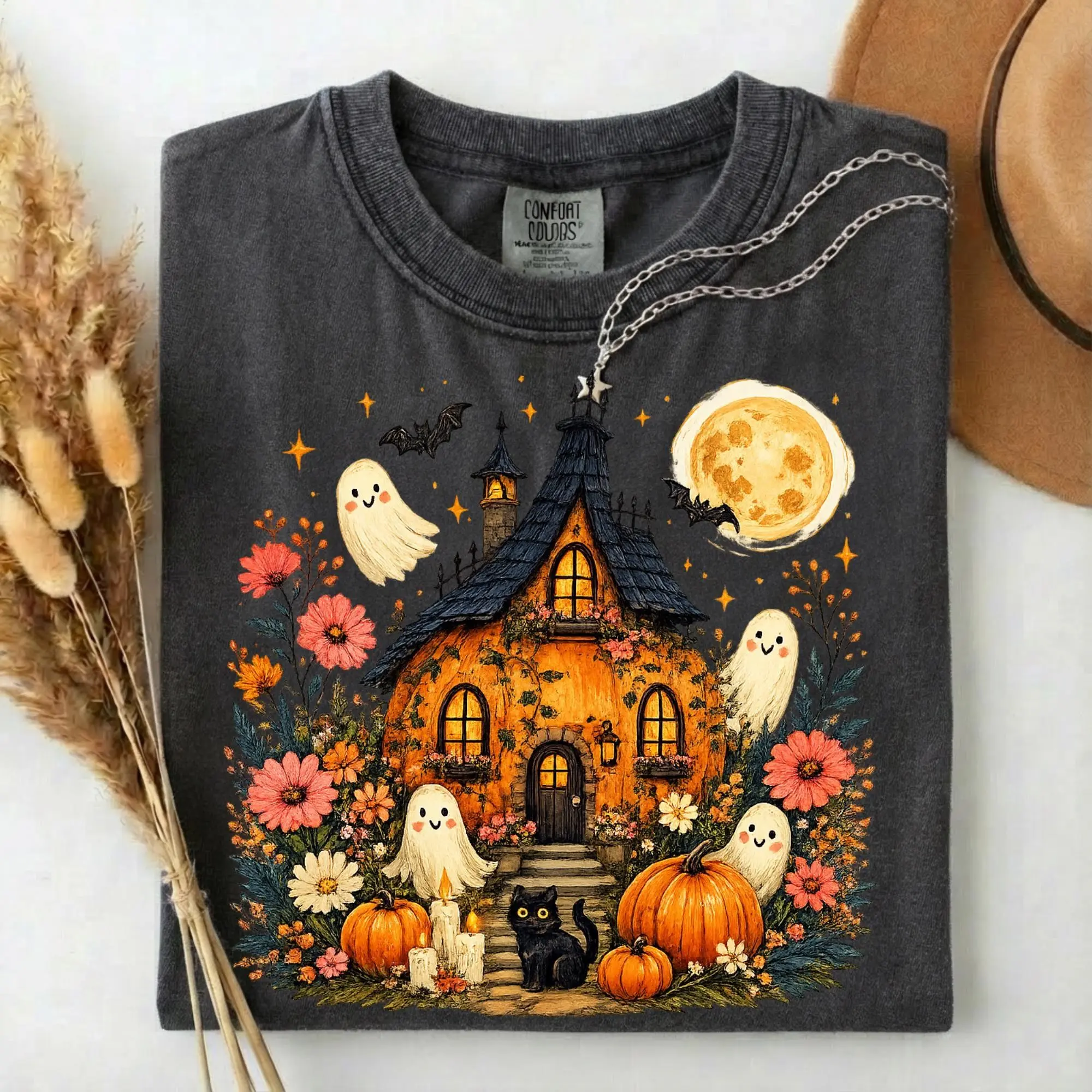 Comfort Colors Cute Halloween Haunted House Shirt, Ghost Pumpkin Cottagecore Spooky Fall Gift Tee for Women - photo 5