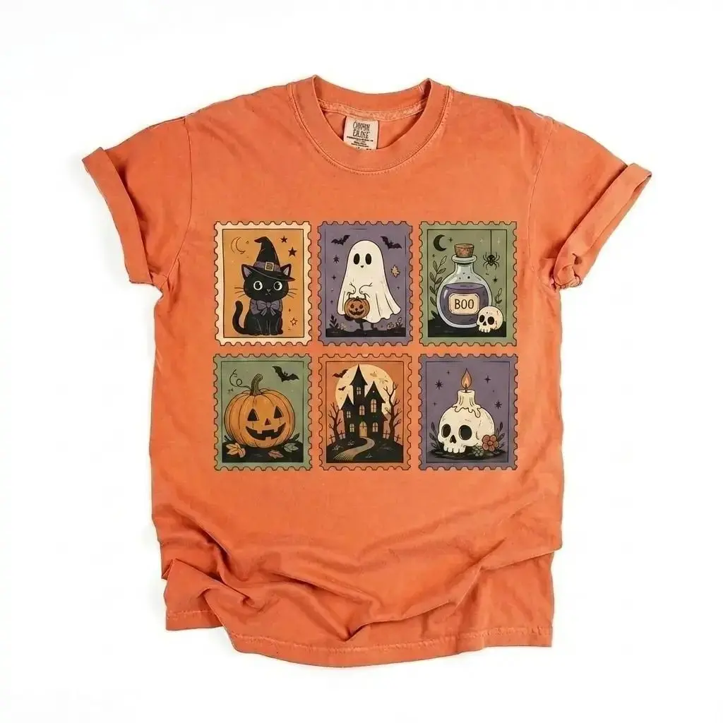 Comfort Colors Cute Halloween Stamp Shirt, Spooky Ghost Pumpkin Witch Cat Vintage Season Graphic Tee
