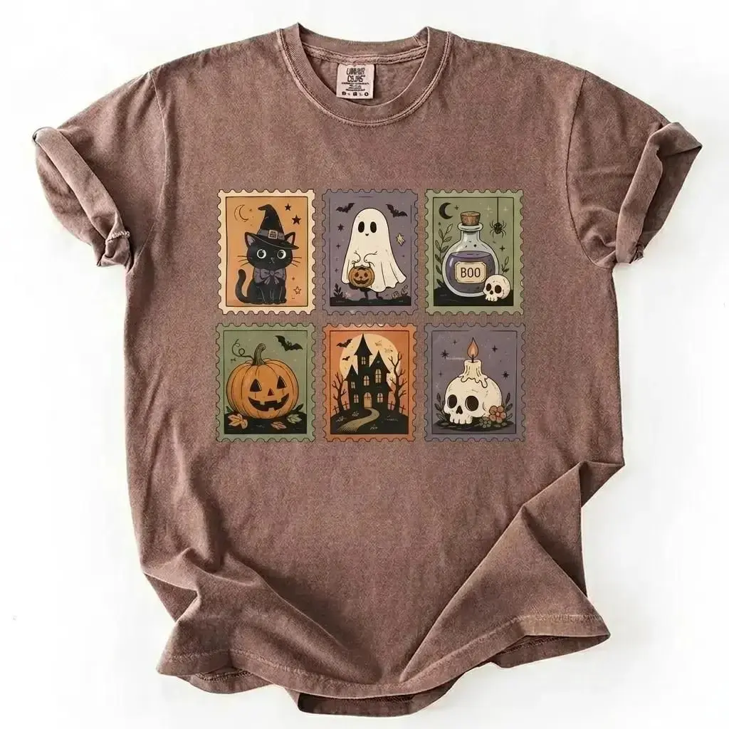 Comfort Colors Cute Halloween Stamp Shirt, Spooky Ghost Pumpkin Witch Cat Vintage Season Graphic Tee - photo 2