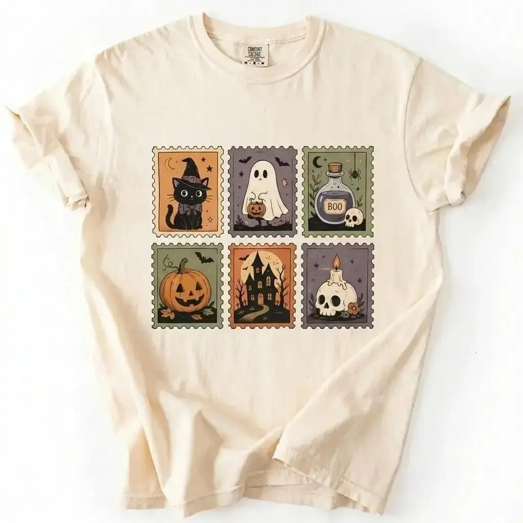 Comfort Colors Cute Halloween Stamp Shirt, Spooky Ghost Pumpkin Witch Cat Vintage Season Graphic Tee - photo 3