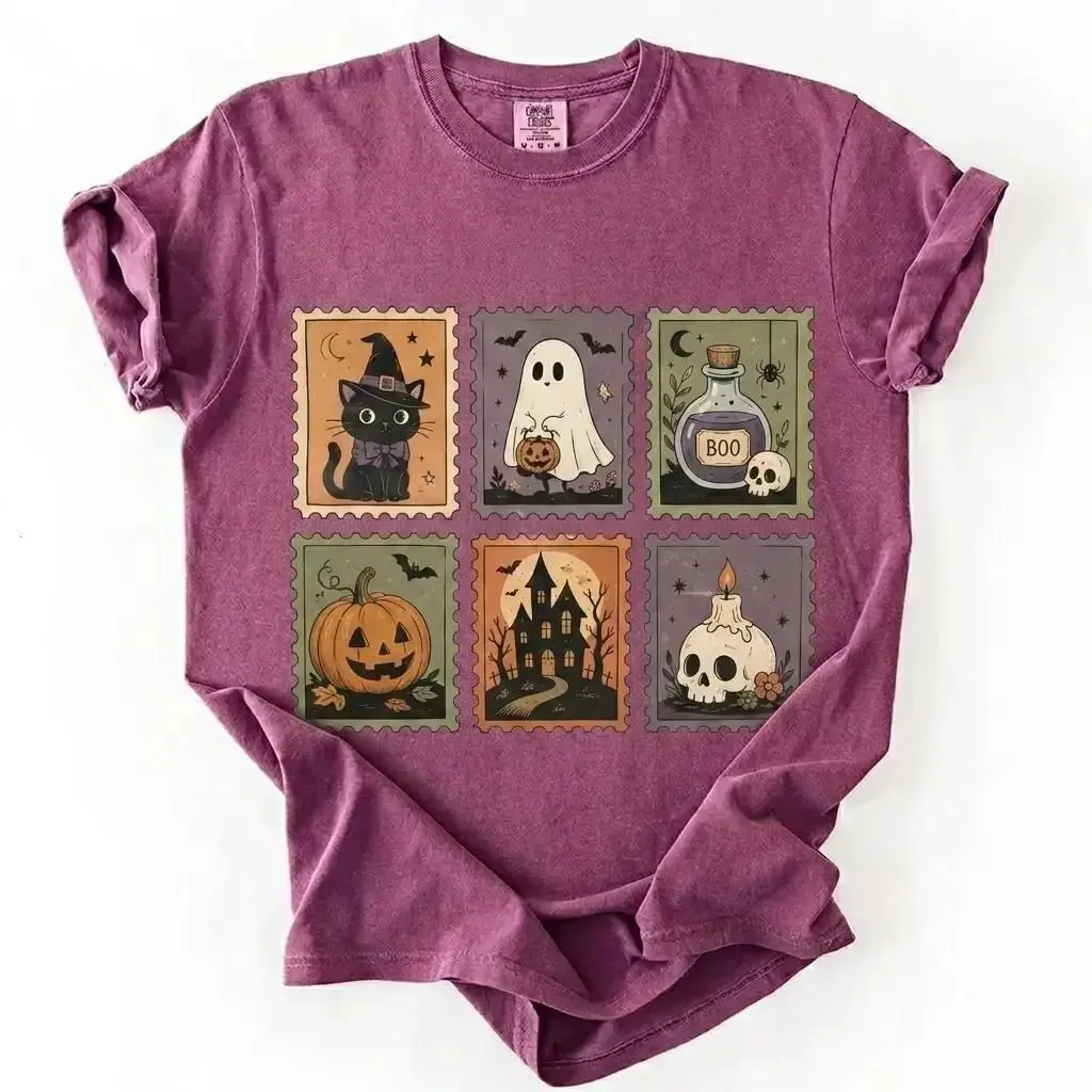 Comfort Colors Cute Halloween Stamp Shirt, Spooky Ghost Pumpkin Witch Cat Vintage Season Graphic Tee - photo 4