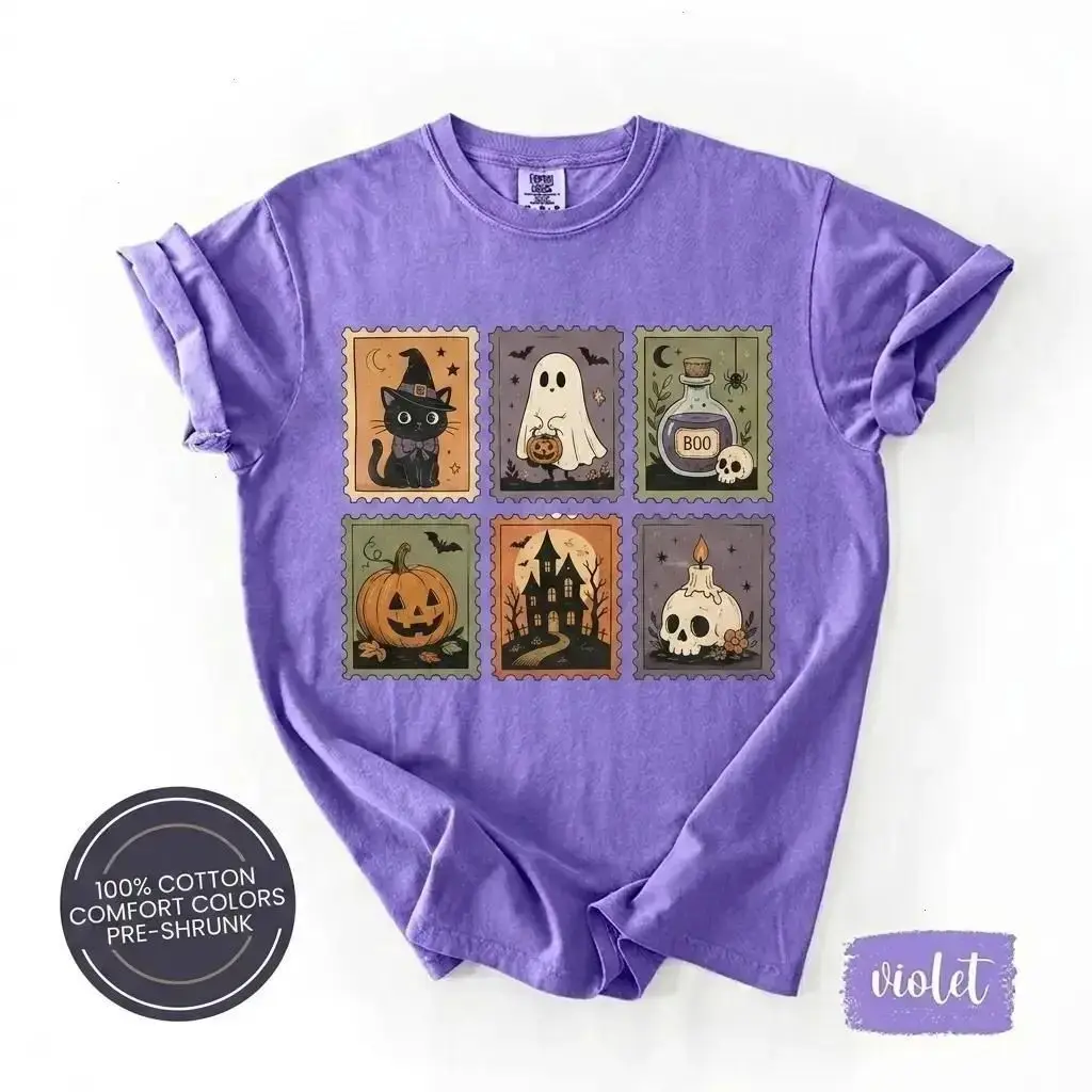 Comfort Colors Cute Halloween Stamp Shirt, Spooky Ghost Pumpkin Witch Cat Vintage Season Graphic Tee - photo 5