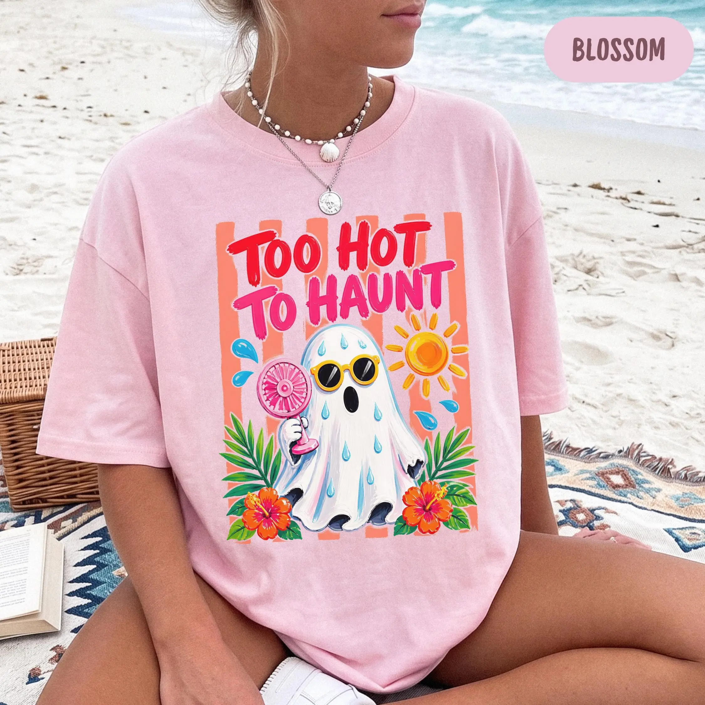 Comfort Colors Too Hot to Haunt Shirt, Cute Spooky Summer Beach Ghost Unisex Halloween Graphic Tee