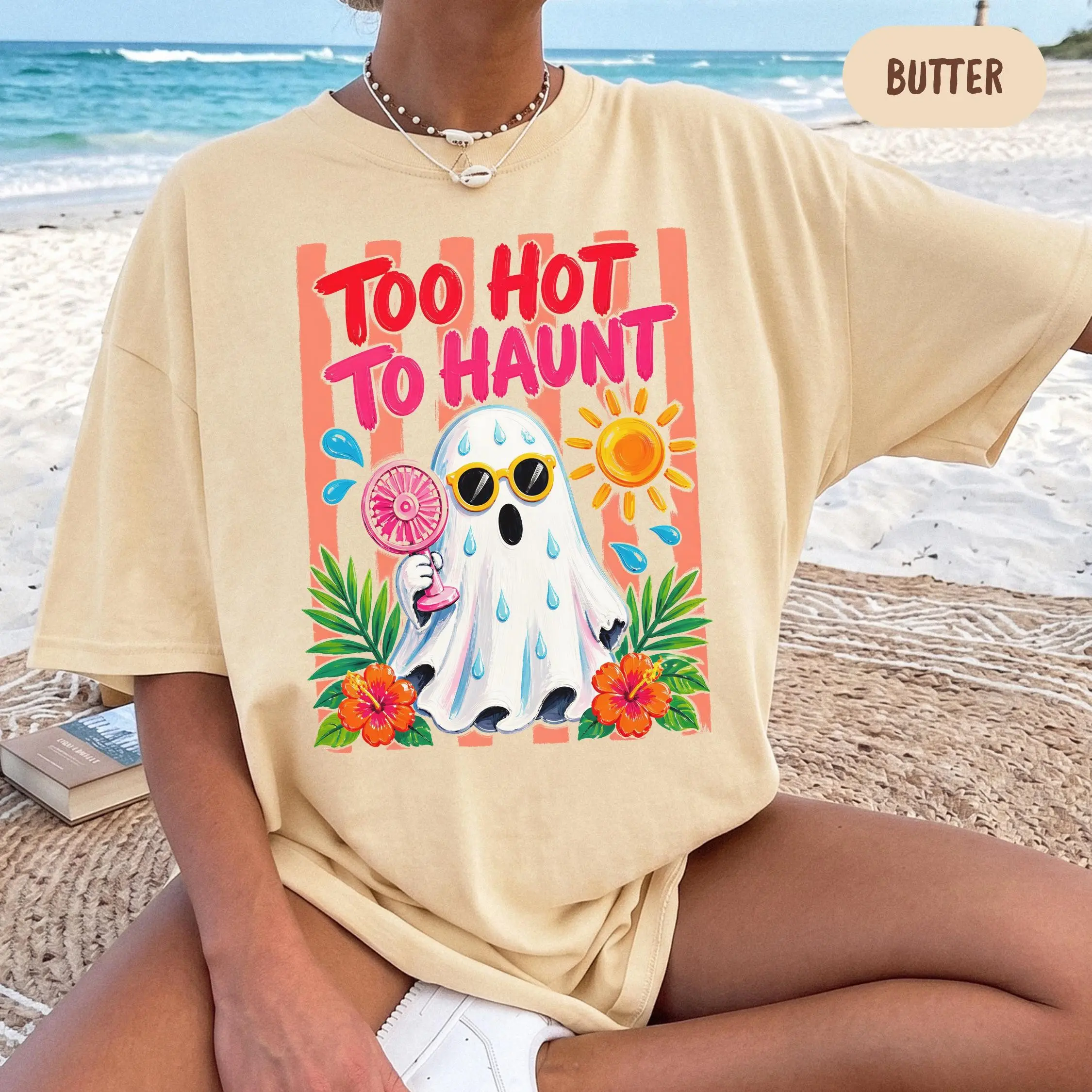 Comfort Colors Too Hot to Haunt Shirt, Cute Spooky Summer Beach Ghost Unisex Halloween Graphic Tee - photo 2