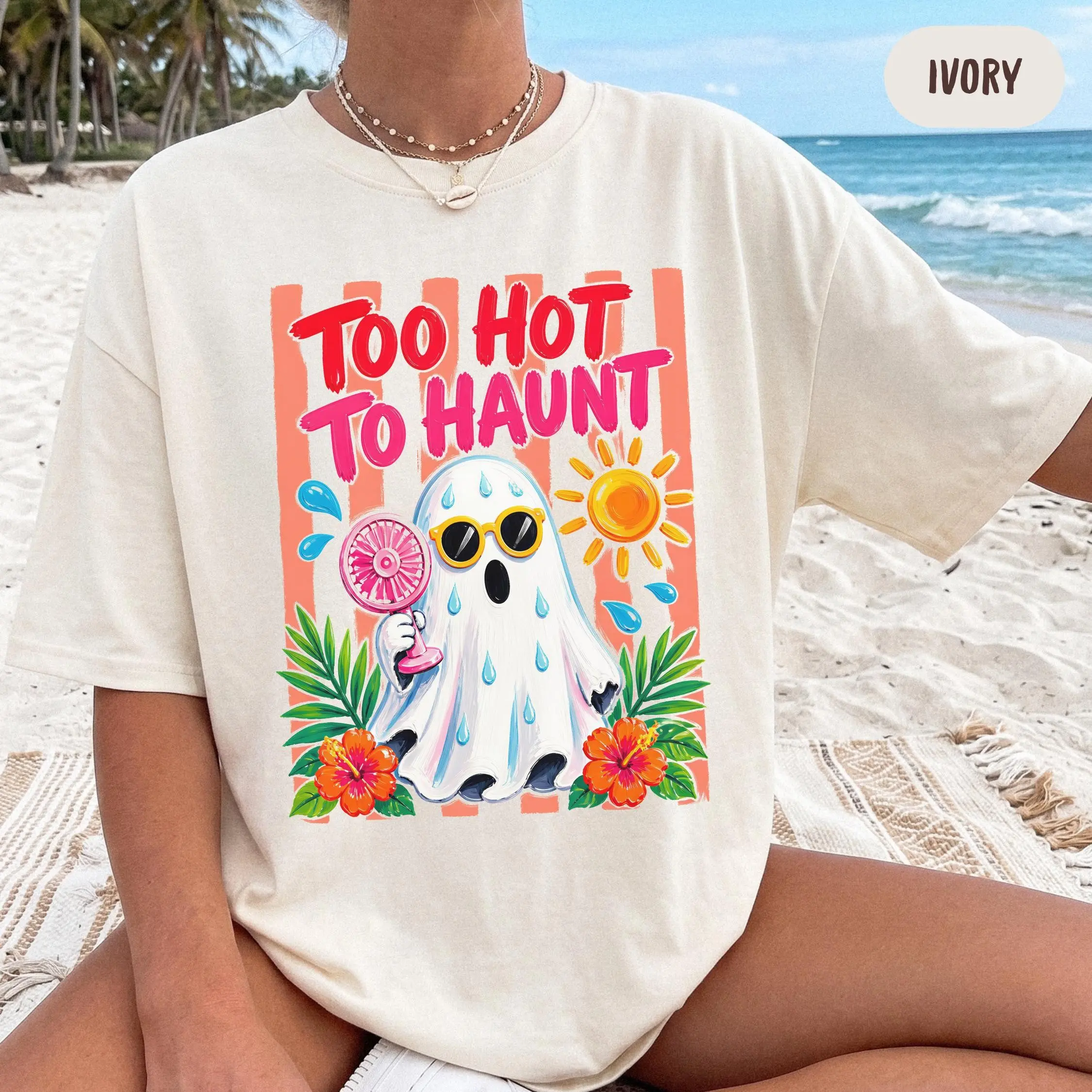 Comfort Colors Too Hot to Haunt Shirt, Cute Spooky Summer Beach Ghost Unisex Halloween Graphic Tee - photo 3