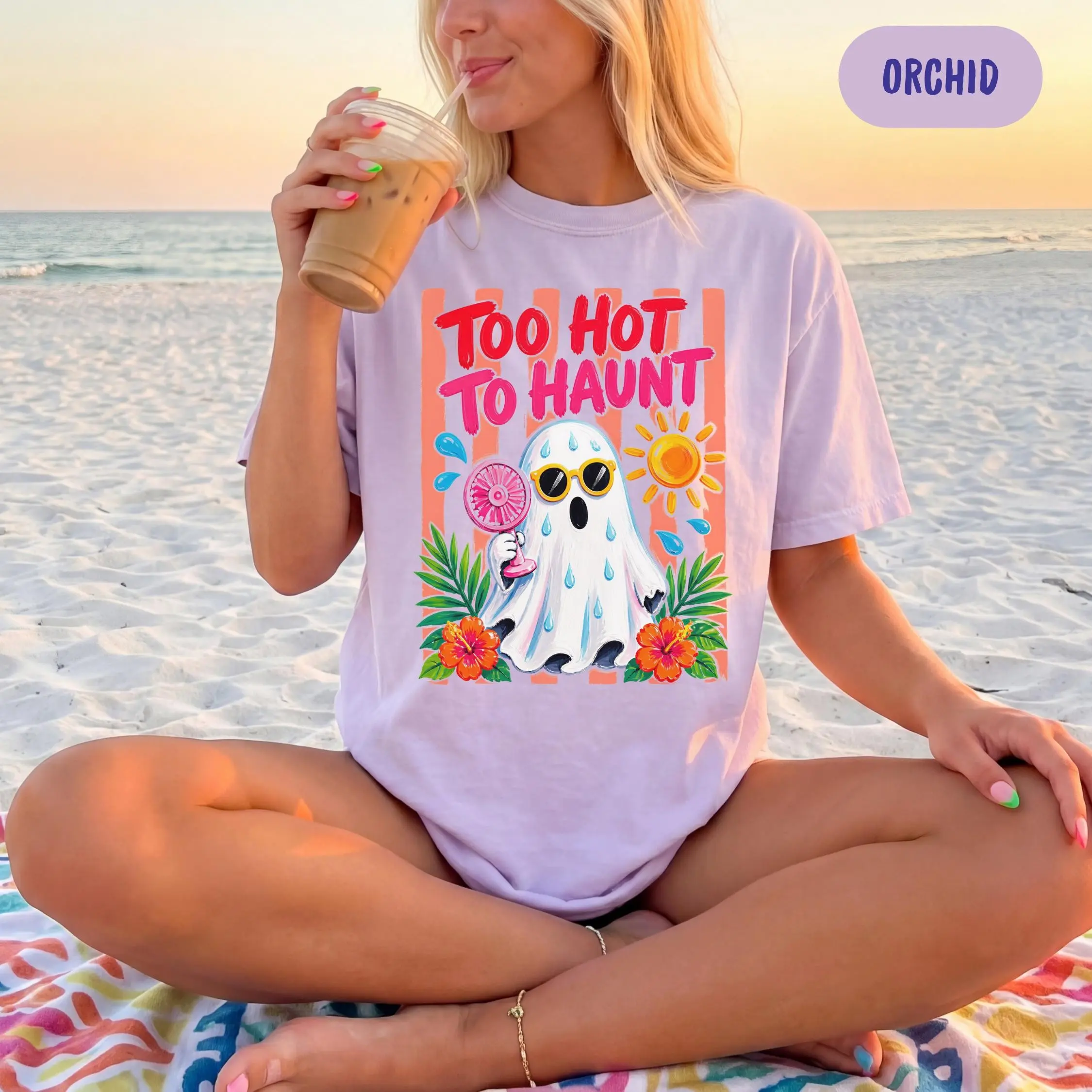 Comfort Colors Too Hot to Haunt Shirt, Cute Spooky Summer Beach Ghost Unisex Halloween Graphic Tee - photo 4