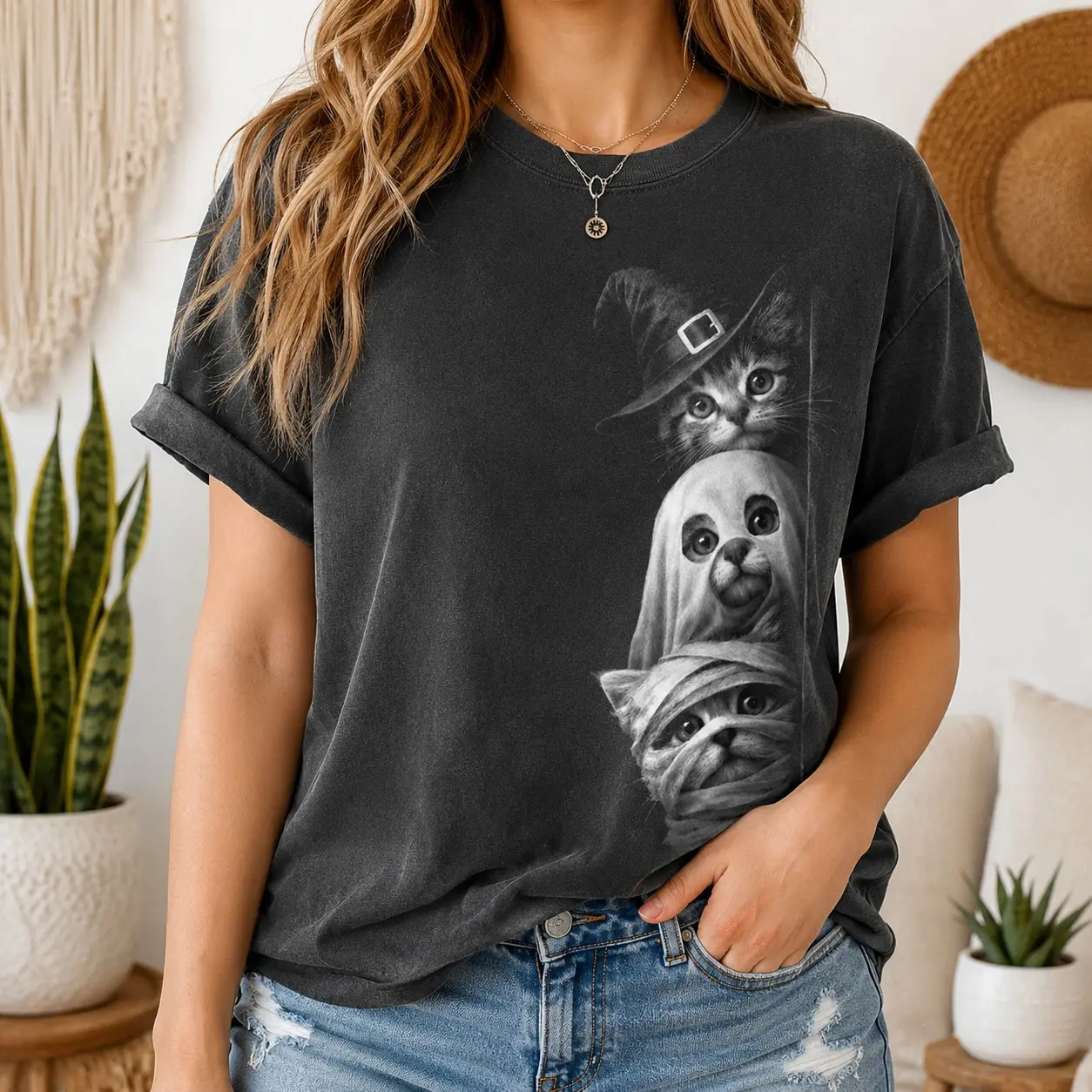 Comfort Colors Cute Stacked Halloween Kittens Shirt, Witch Ghost Mummy Graphic Tee, Pet Owner Party Top