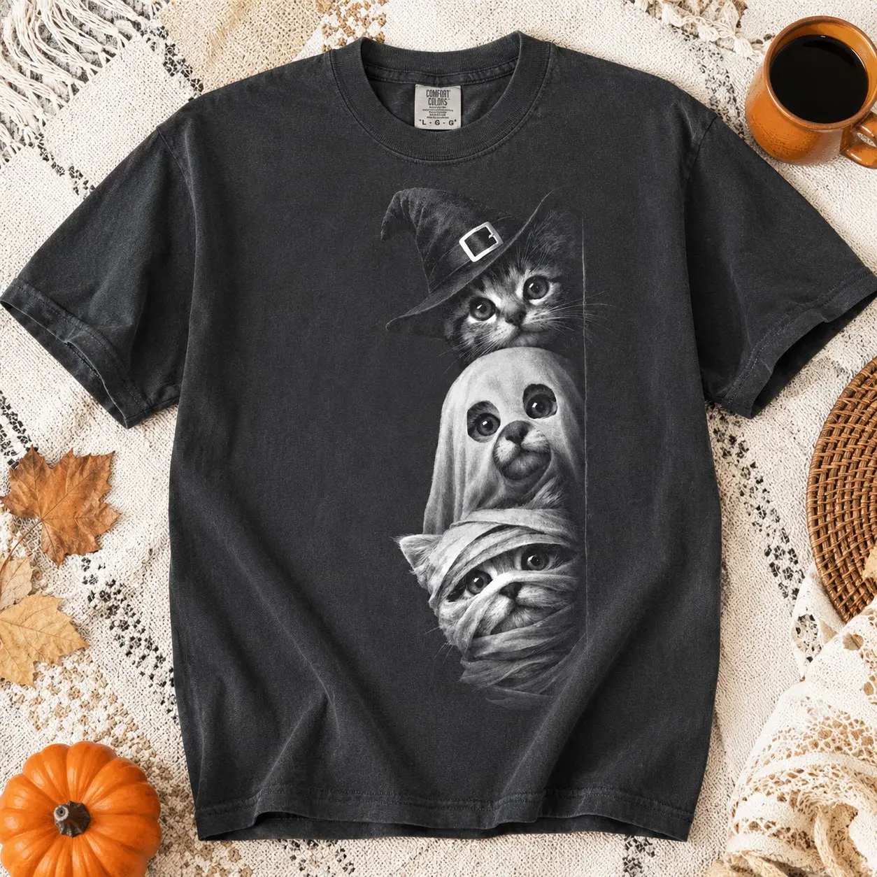 Comfort Colors Cute Stacked Halloween Kittens Shirt, Witch Ghost Mummy Graphic Tee, Pet Owner Party Top - photo 2