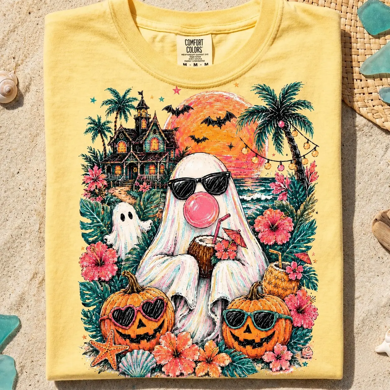 Comfort Colors Cute Summerween Ghost Shirt, Bubblegum Tropical Spooky Summer Vibes Beach Halloween Tee