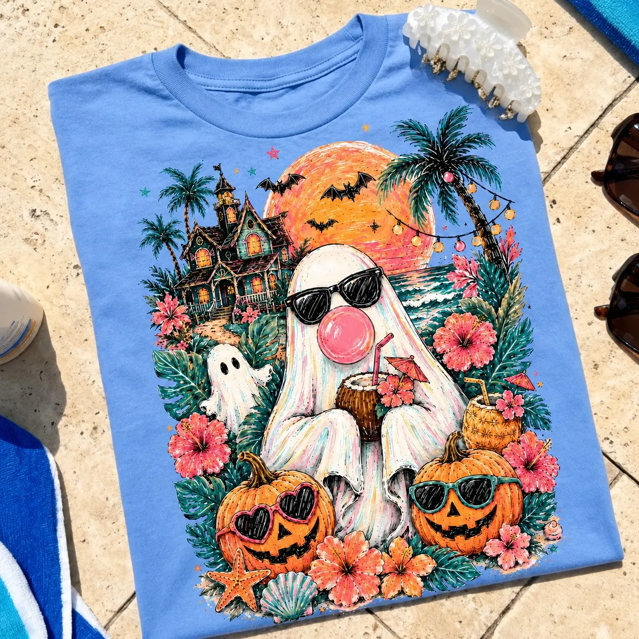 Comfort Colors Cute Summerween Ghost Shirt, Bubblegum Tropical Spooky Summer Vibes Beach Halloween Tee - photo 2