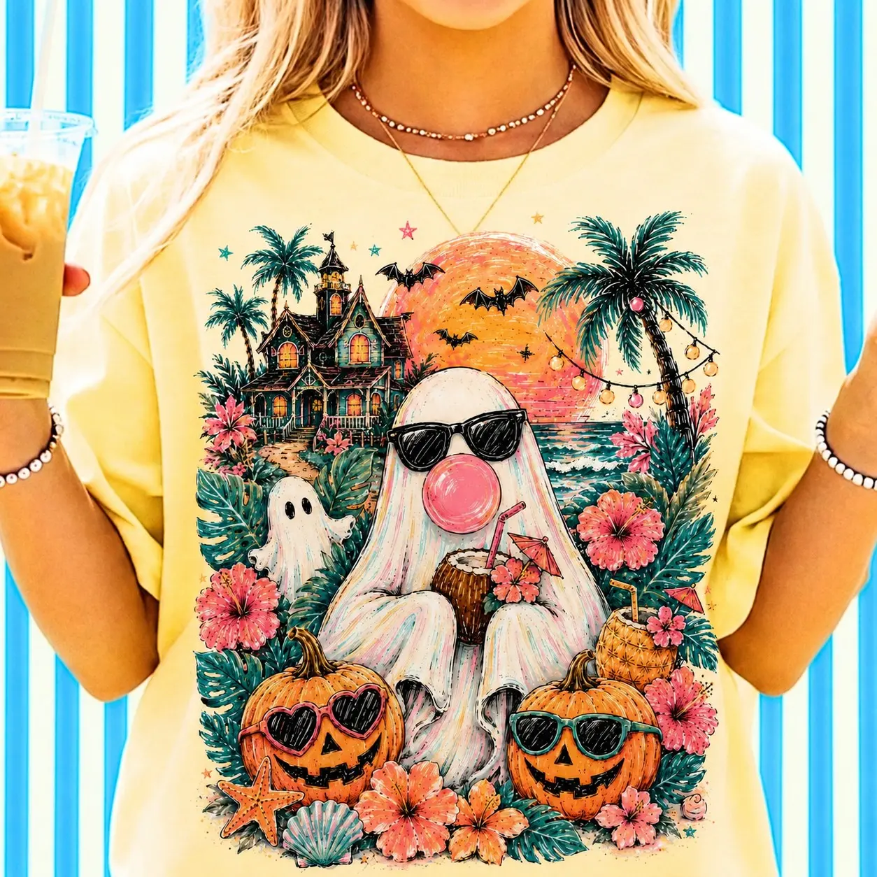 Comfort Colors Cute Summerween Ghost Shirt, Bubblegum Tropical Spooky Summer Vibes Beach Halloween Tee - photo 3