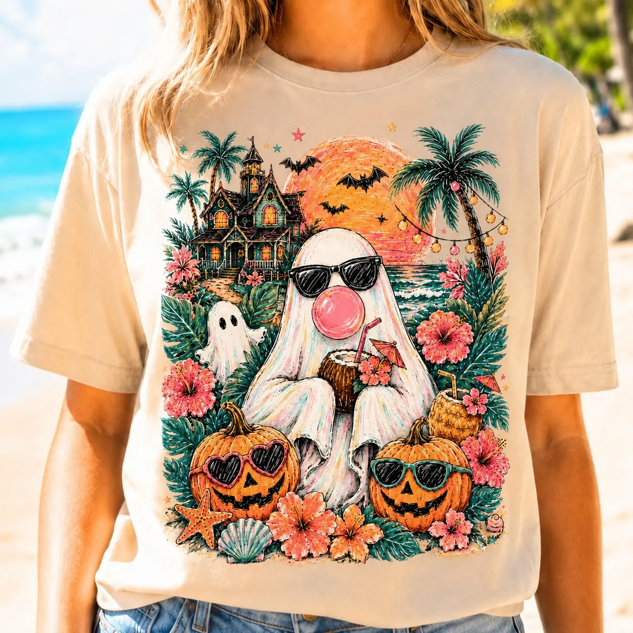 Comfort Colors Cute Summerween Ghost Shirt, Bubblegum Tropical Spooky Summer Vibes Beach Halloween Tee - photo 4