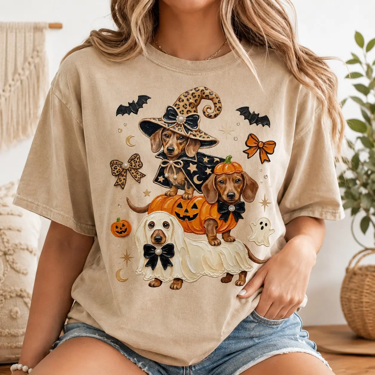 Comfort Colors Dachshund Witch Ghost Pumpkin Shirt, Cute Doxie Pet Lover Fall October Dog Mom Gift