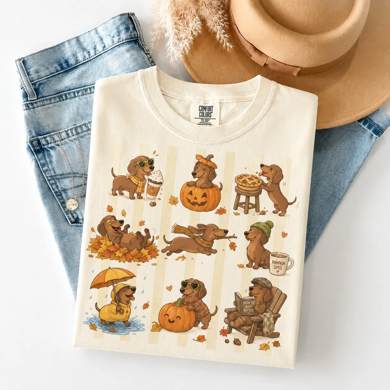 Comfort Colors Dachshund Halloween Shirt, Cute Sausage Wiener Dog Tee, Autumn Doxie Pumpkin Spice Fall Dog Lover Top